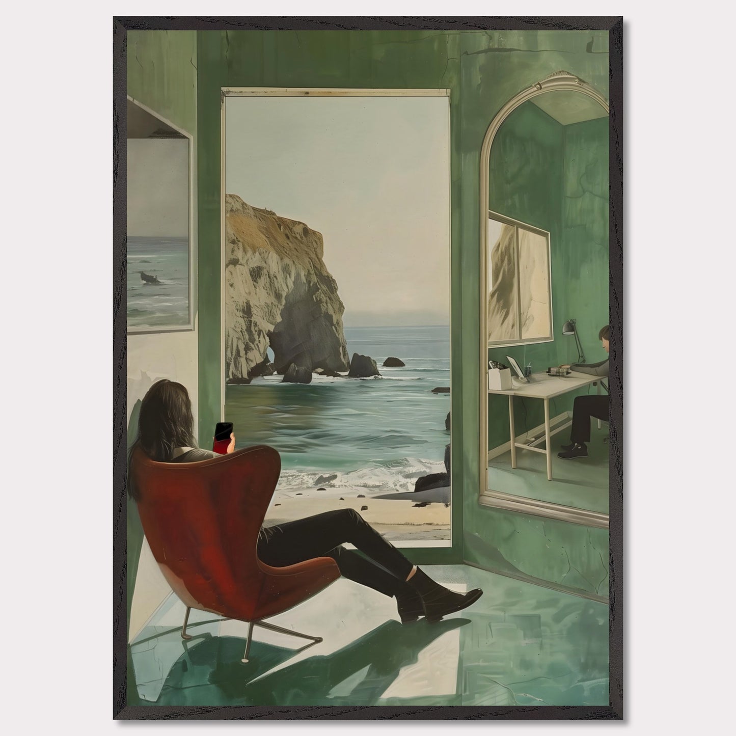 This captivating artwork depicts a serene coastal scene viewed from inside a room. A person is seated in a red chair, gazing out at the ocean through an open window. The reflection of another person working at a desk is visible in a large mirror on the right side. The room's green walls and floor create a calming ambiance, enhancing the peacefulness of the ocean view.