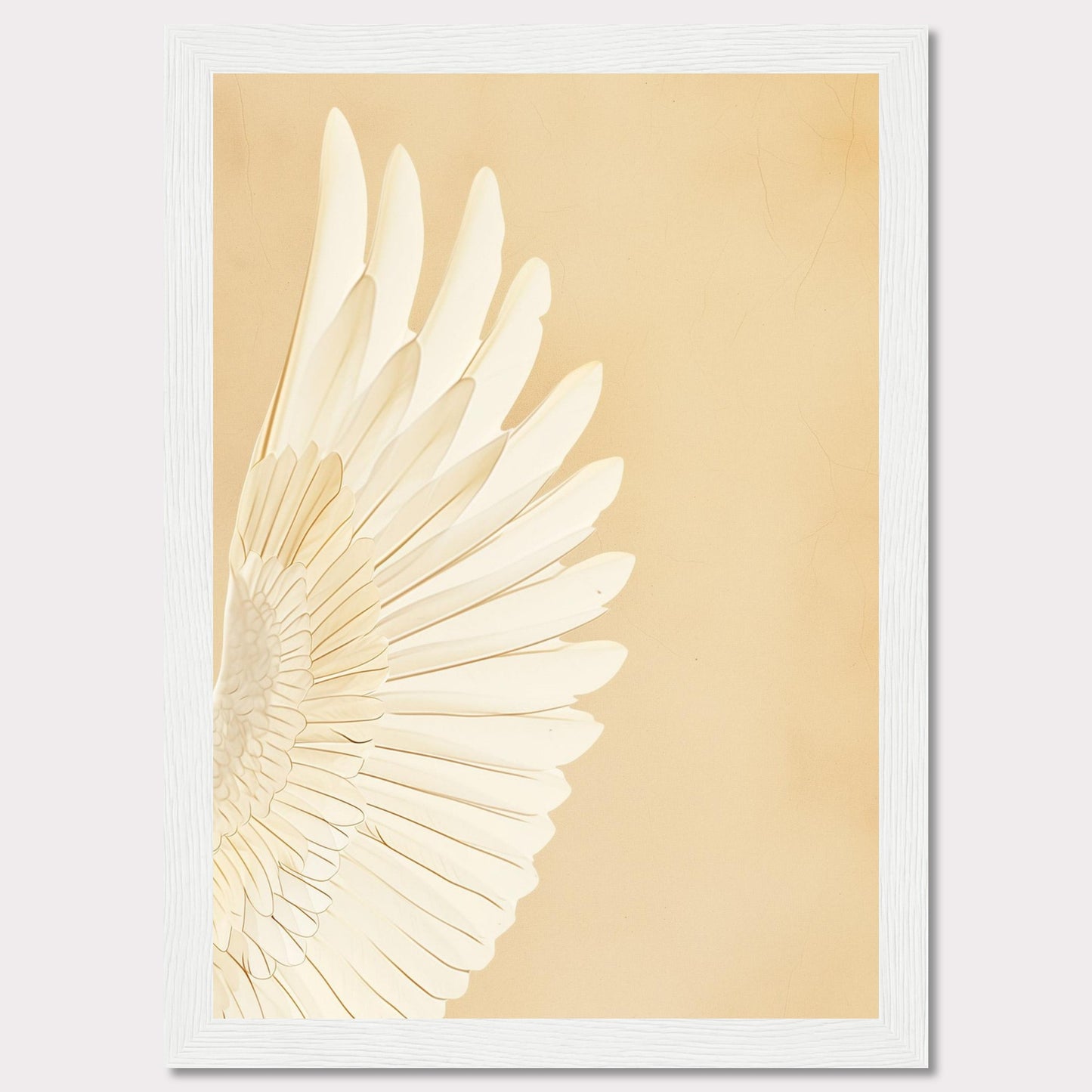 This elegant wall art features a detailed depiction of a white feathered wing against a soft beige background. The minimalist design and neutral tones make it a versatile piece for any room.