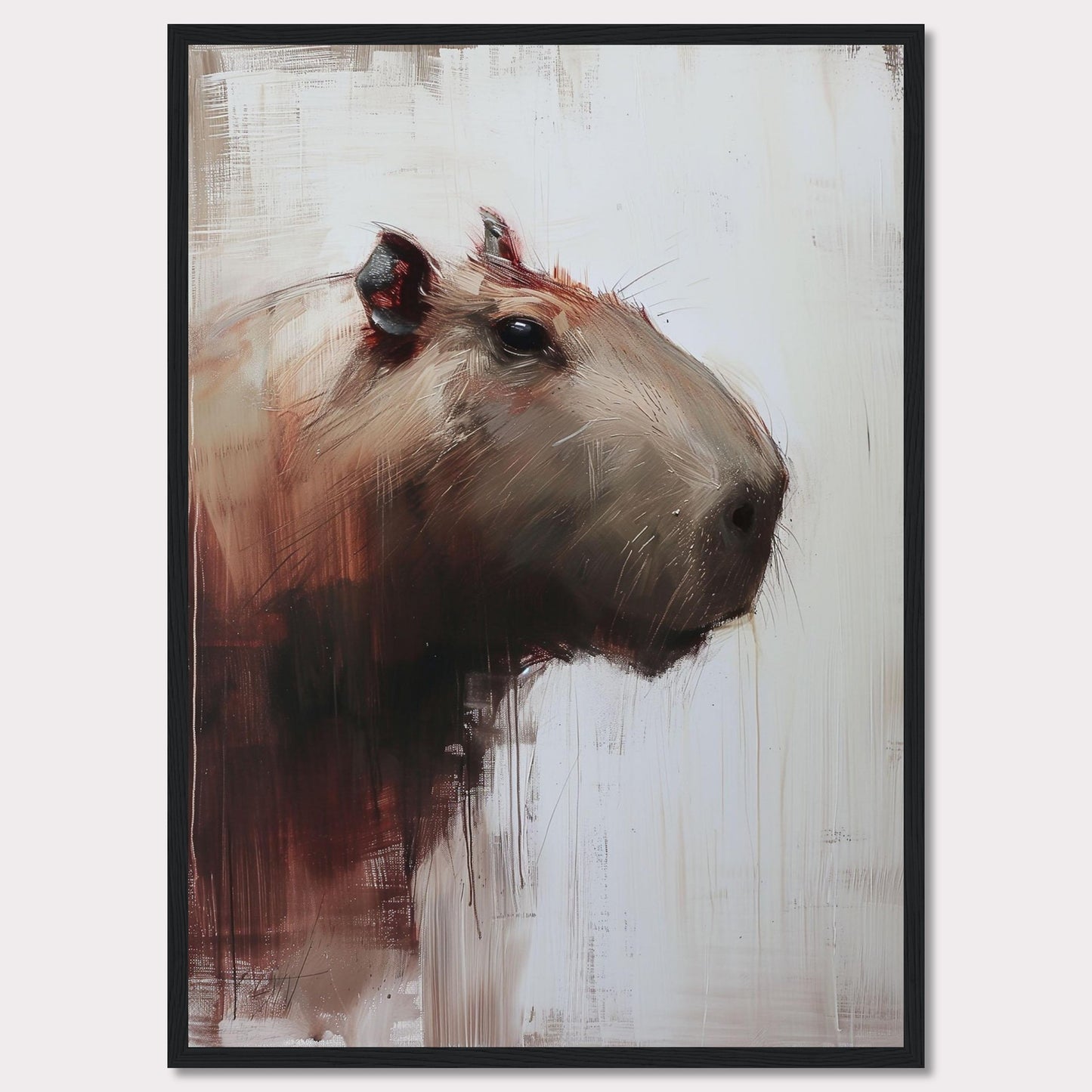 This image showcases a striking painting of a capybara, rendered in a modern, abstract style. The artwork features bold brush strokes and a muted color palette, with the capybara's head turned slightly to the side.