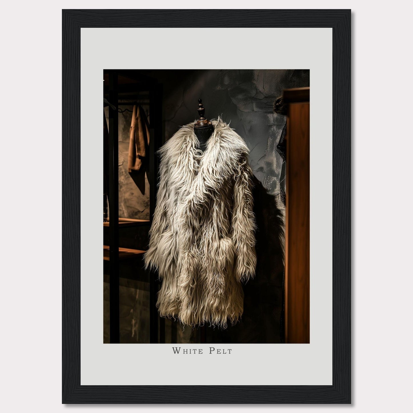 This captivating image showcases a luxurious, white pelt coat displayed on a mannequin in an elegant setting.