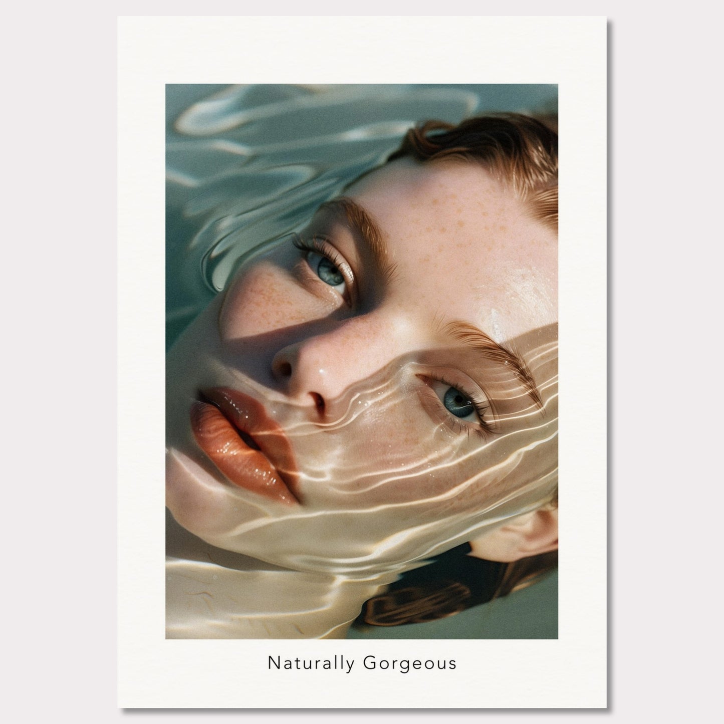 This poster features a close-up illustration of a woman's face partially submerged in water, with light reflections creating a wavy pattern across her skin. The text "Naturally Gorgeous" is displayed below the image.