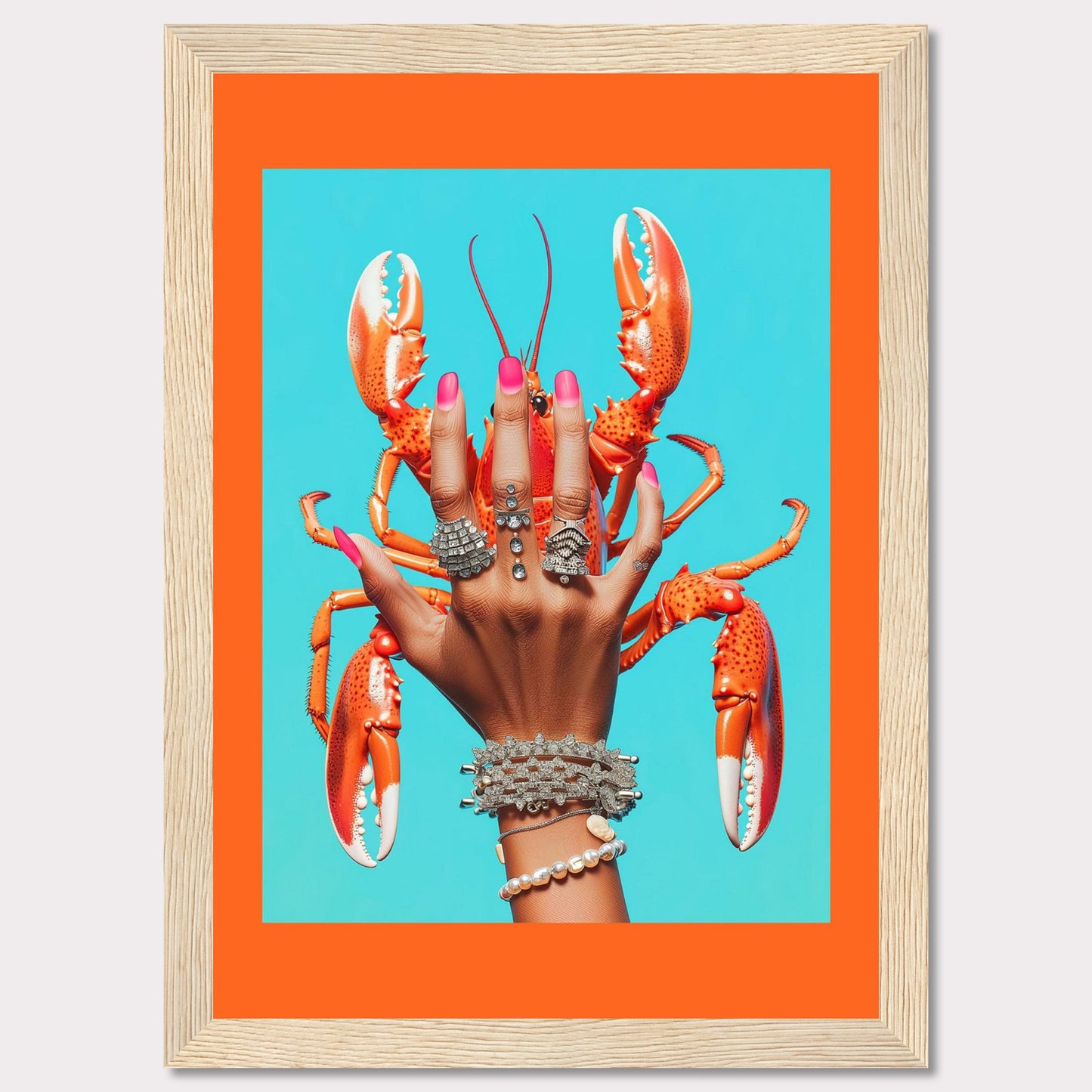 This vibrant and quirky artwork features a hand adorned with luxurious rings and bracelets, holding a bright orange lobster against a vivid blue background. The contrast between the bold colors and the intricate jewelry creates a striking visual impact.