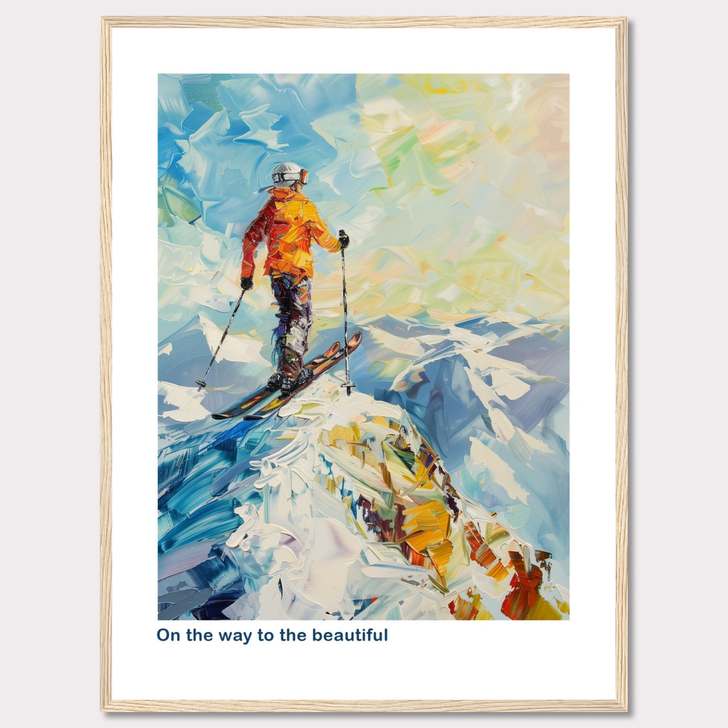 This vibrant painting captures a skier standing at the peak of a snowy mountain, ready to descend. The skier is dressed in an orange jacket and helmet, holding ski poles. The background features a stunning array of colors depicting the sky and distant mountains.