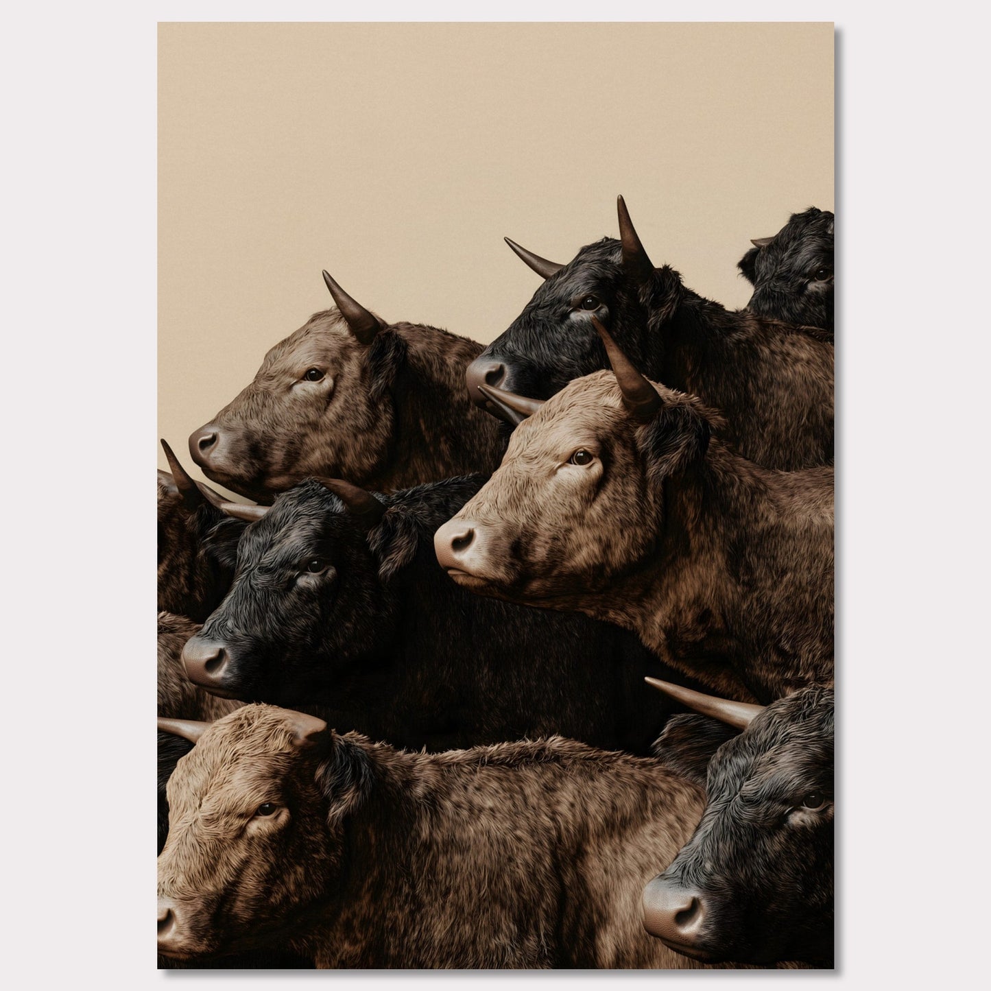 This illustration depicts a group of oxen with varying shades of brown and black fur, closely packed together against a plain beige background.

This poster will fit well in rustic or farmhouse-style interiors, animal-themed spaces, or art collections focusing on wildlife.