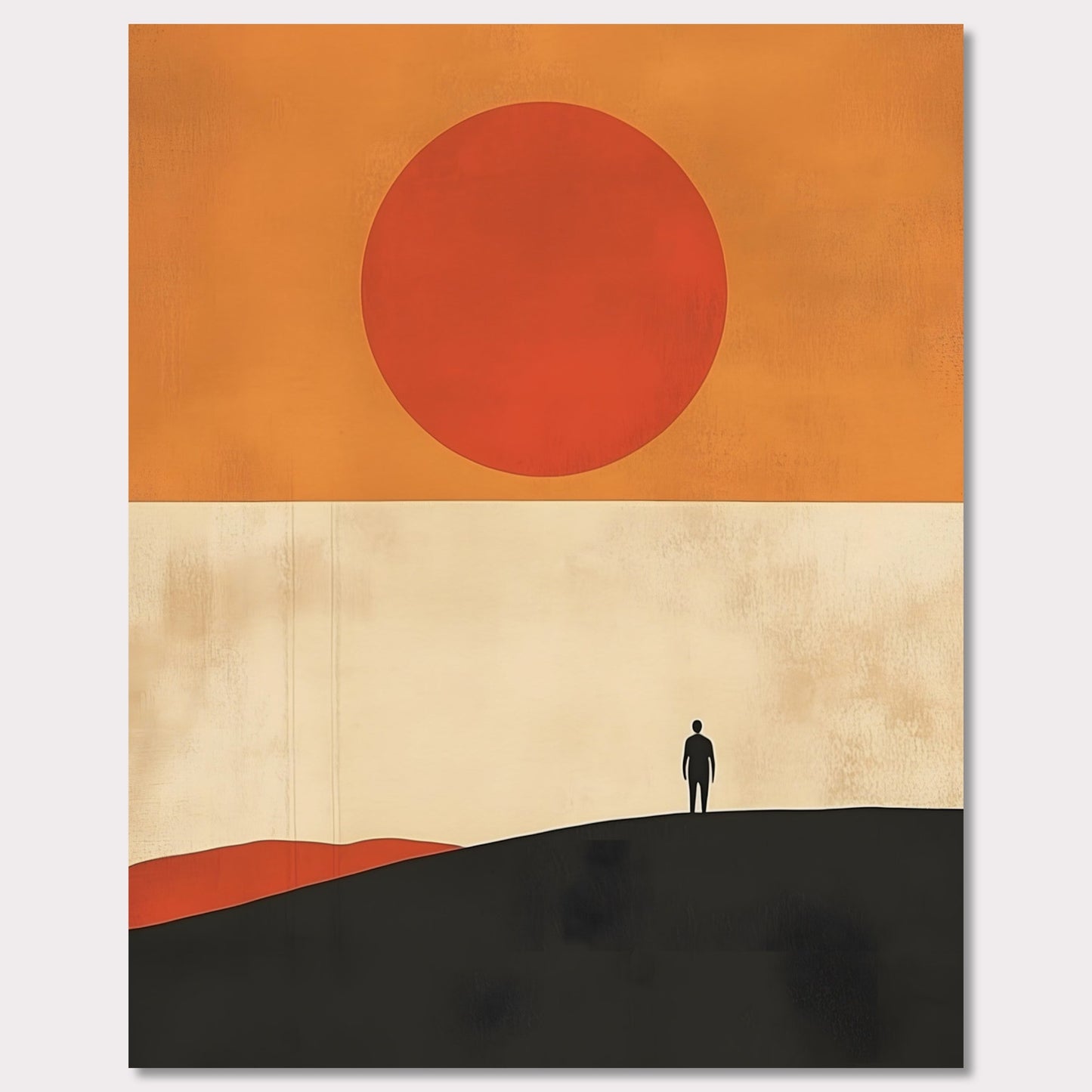 A striking minimalist artwork that conveys a sense of isolation and reflection. A lone figure stands on a hill under an oversized sun, evoking themes of wanderlust, contemplation, and the vastness of the world. The warm tones and simple composition give it a timeless, meditative feel.