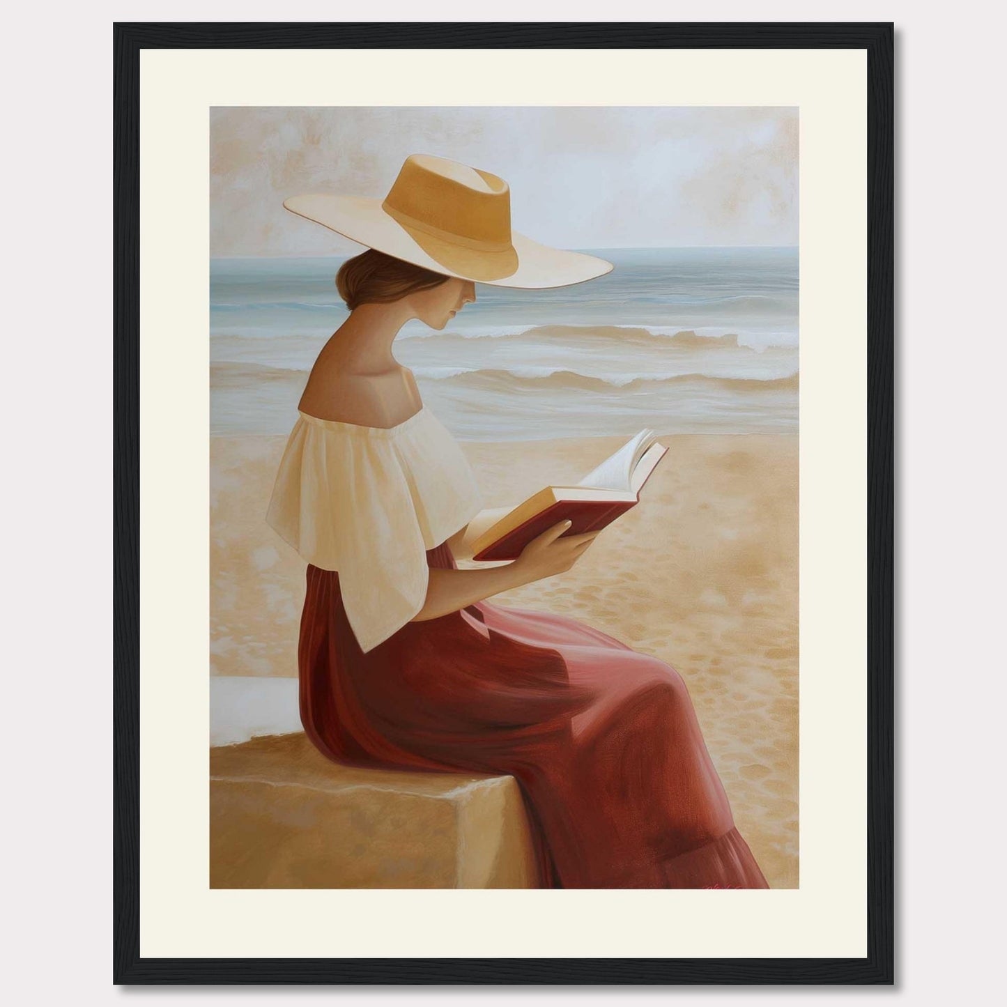 This serene painting depicts a woman sitting by the beach, engrossed in a book. She wears a wide-brimmed hat and a flowing dress, with the ocean waves gently rolling in the background.