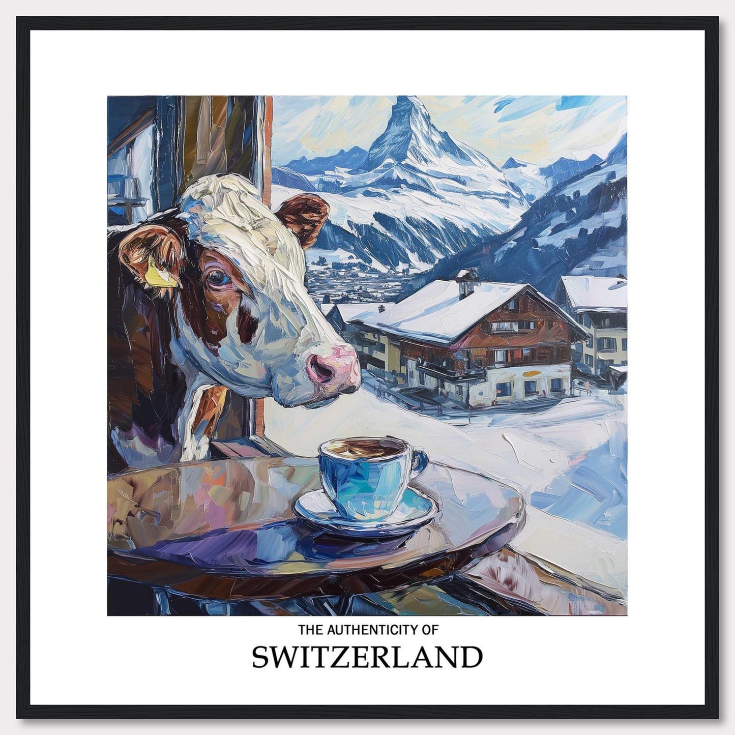 A charming painting captures the essence of Switzerland, featuring a curious cow peeking out of a window, a steaming cup of coffee, and a picturesque snowy village with the majestic Swiss Alps in the background.