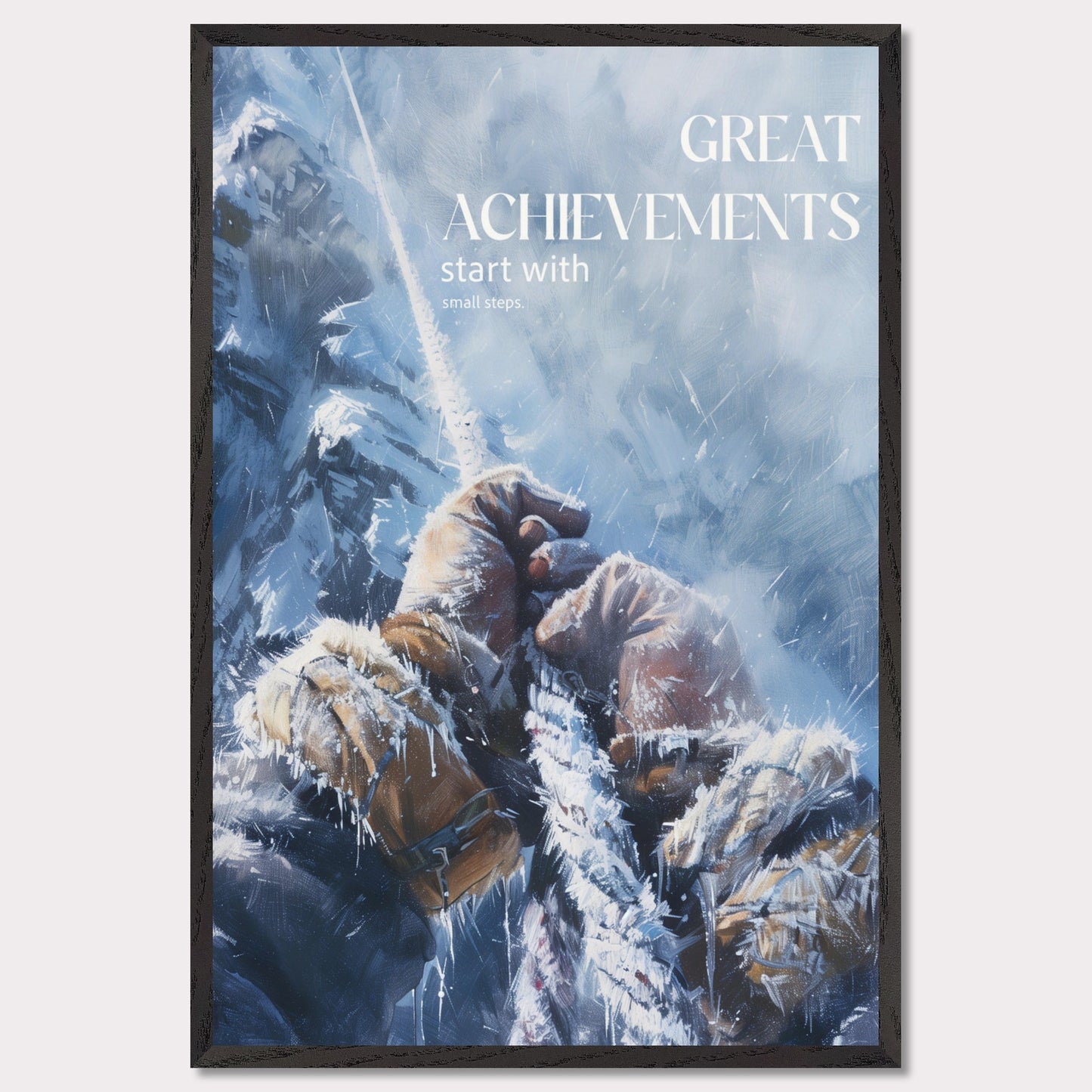 This motivational poster depicts a climber's hands gripping a rope, surrounded by a snowy and icy mountain landscape. The text on the poster reads: "GREAT ACHIEVEMENTS start with small steps."