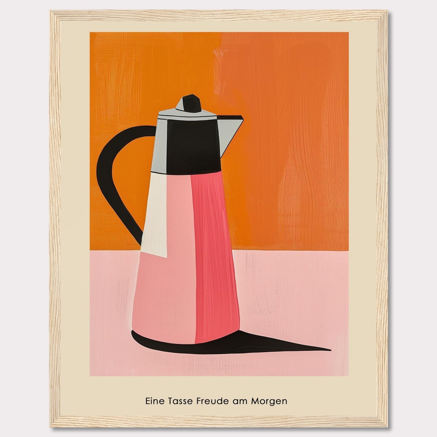 This image features a vibrant, modern art depiction of a coffee pot against a bold orange and pink background.