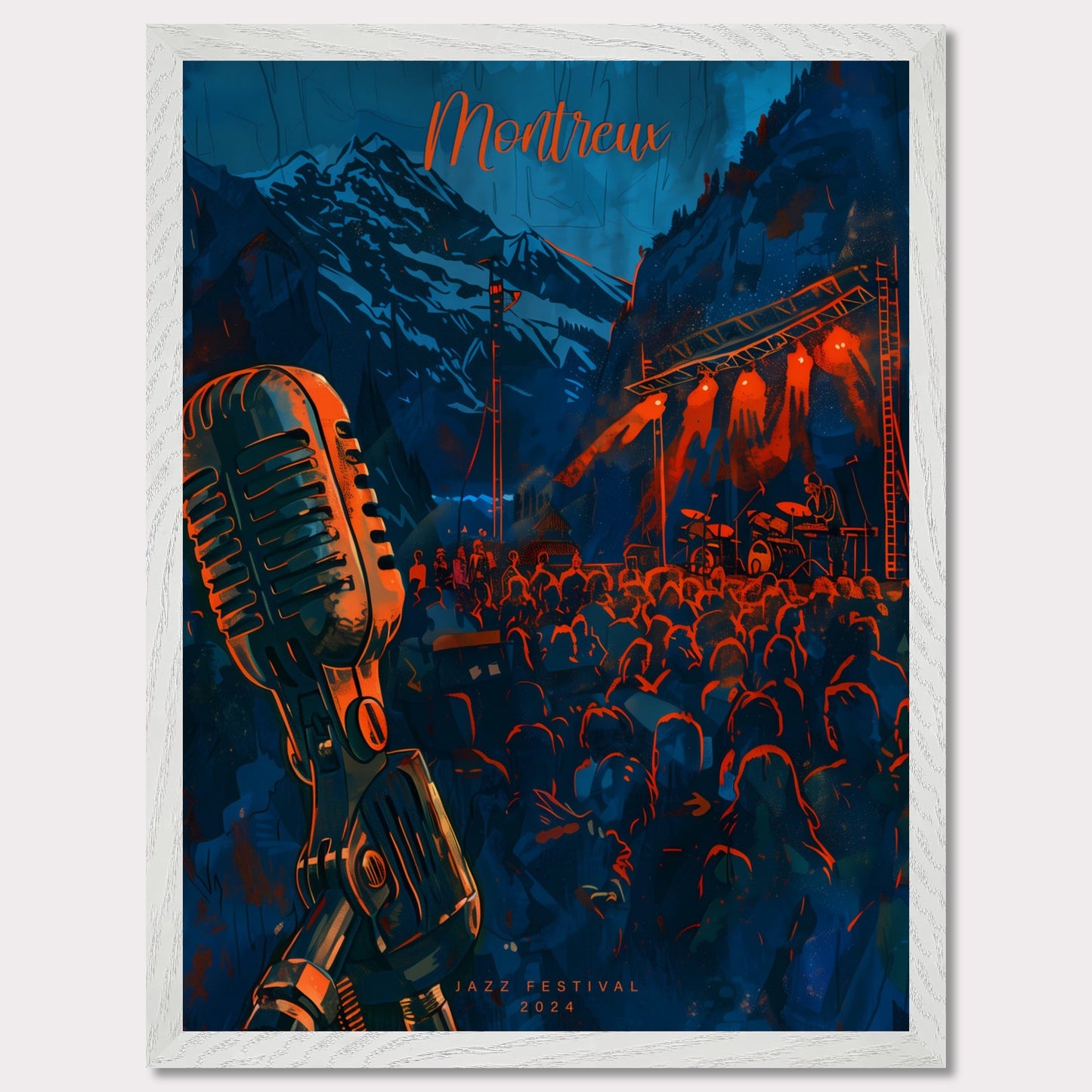 Experience the magic of Montreux Jazz Festival 2024! This vibrant poster captures the essence of live music against a stunning mountain backdrop. Join the crowd, feel the rhythm, and be part of an unforgettable musical journey.