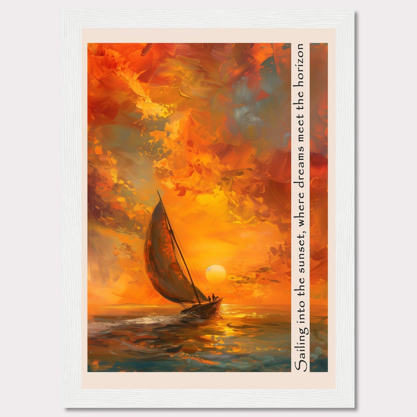 This captivating artwork depicts a sailboat gliding through the vibrant hues of a sunset, where the sky meets the sea in a harmonious blend of colors. The painting's warm tones evoke a sense of tranquility and adventure.