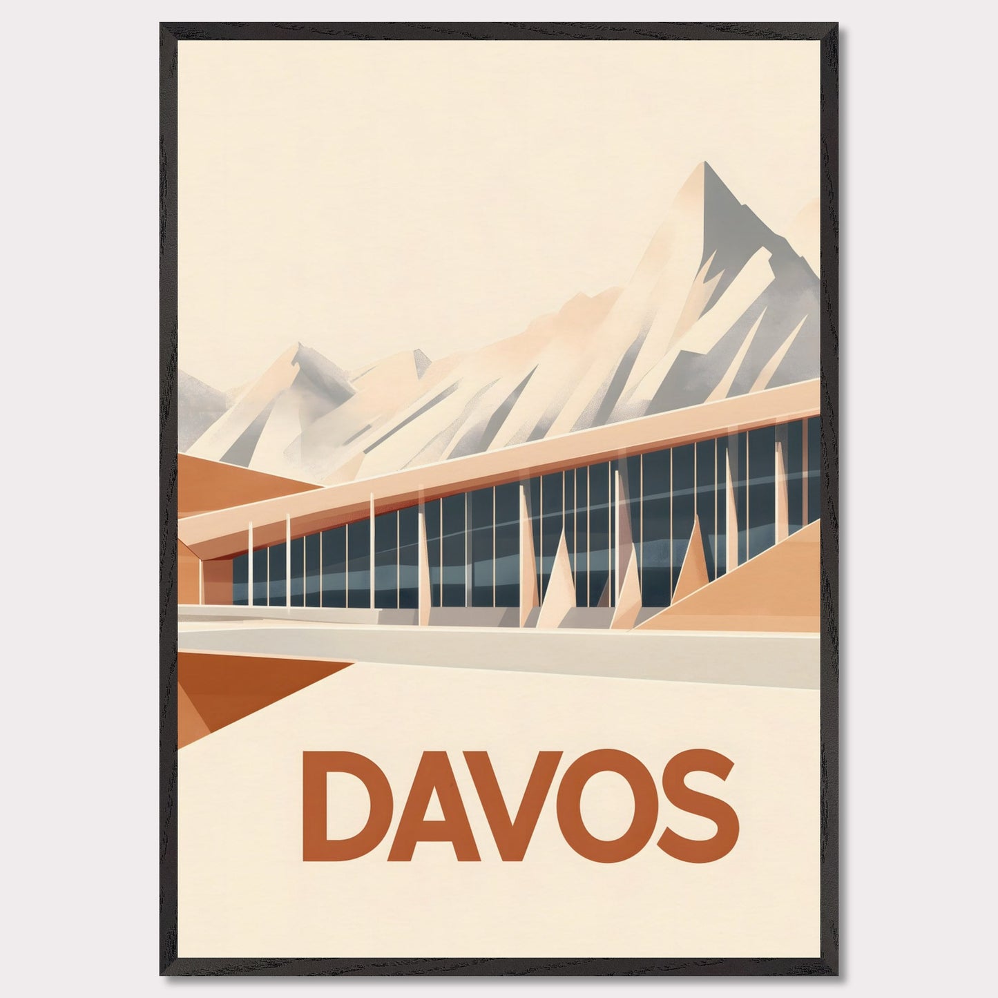 An artistic depiction of Davos, where a contemporary structure stretches along the base of snow-covered peaks. The smooth design of the building complements the sharp mountain ridges, creating a stunning contrast.