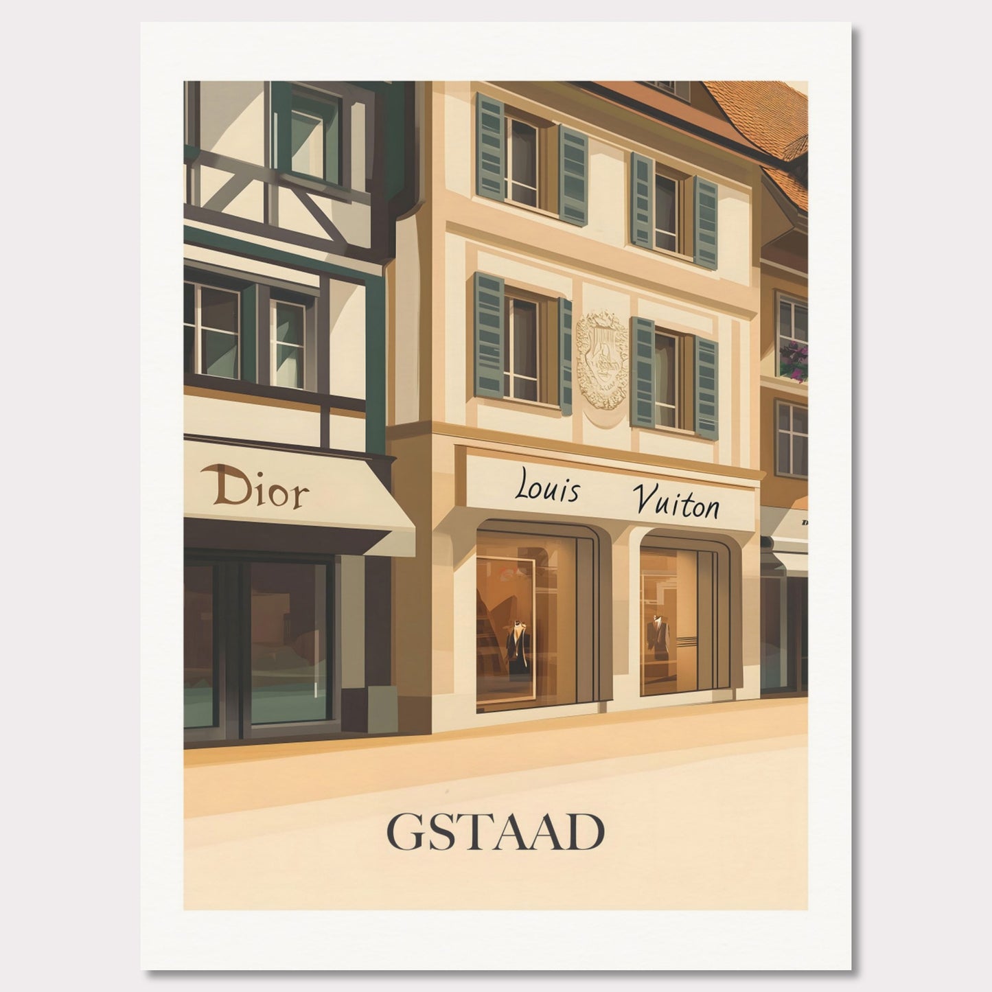 A beautifully illustrated poster showcasing Gstaad’s world-class shopping scene. The charming facades of Dior and Louis Vuitton boutiques reflect the town’s upscale ambiance.