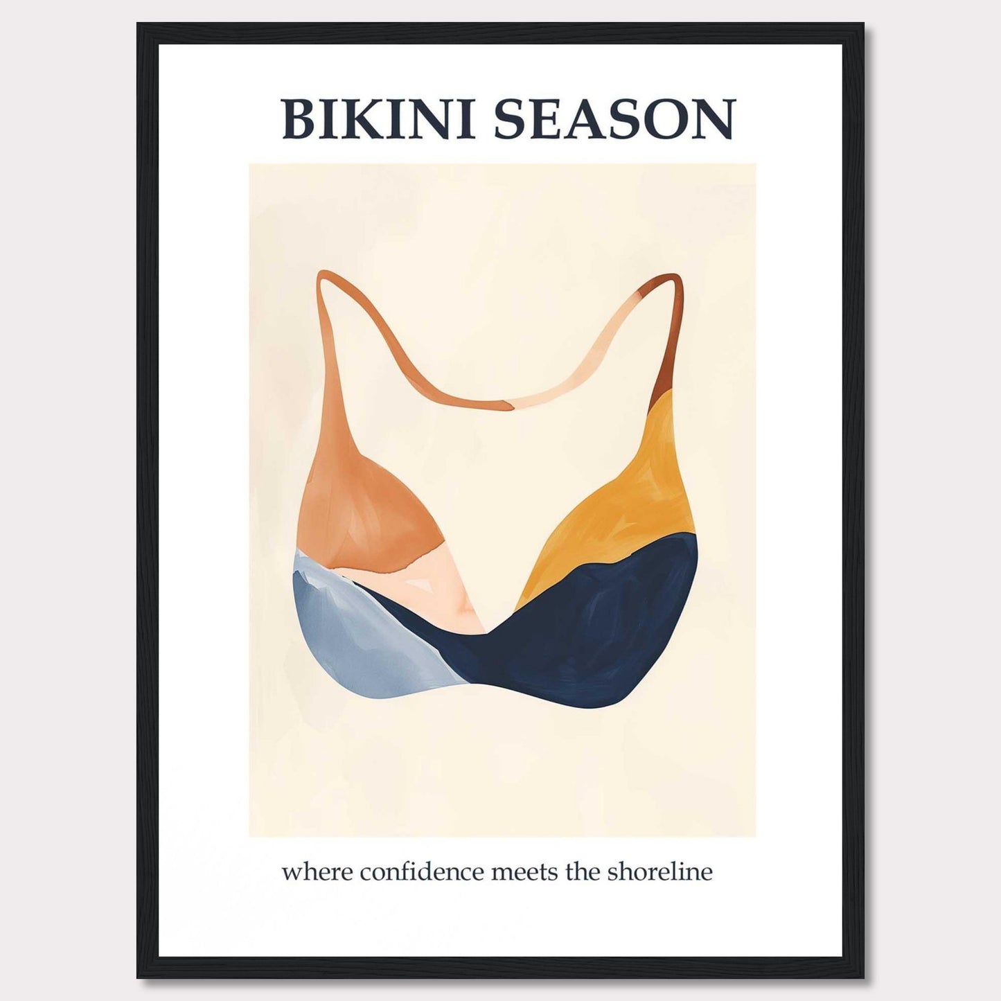 This image showcases a minimalist poster with an artistic depiction of a bikini top. The text "BIKINI SEASON" is prominently displayed at the top, while the phrase "where confidence meets the shoreline" is written at the bottom.