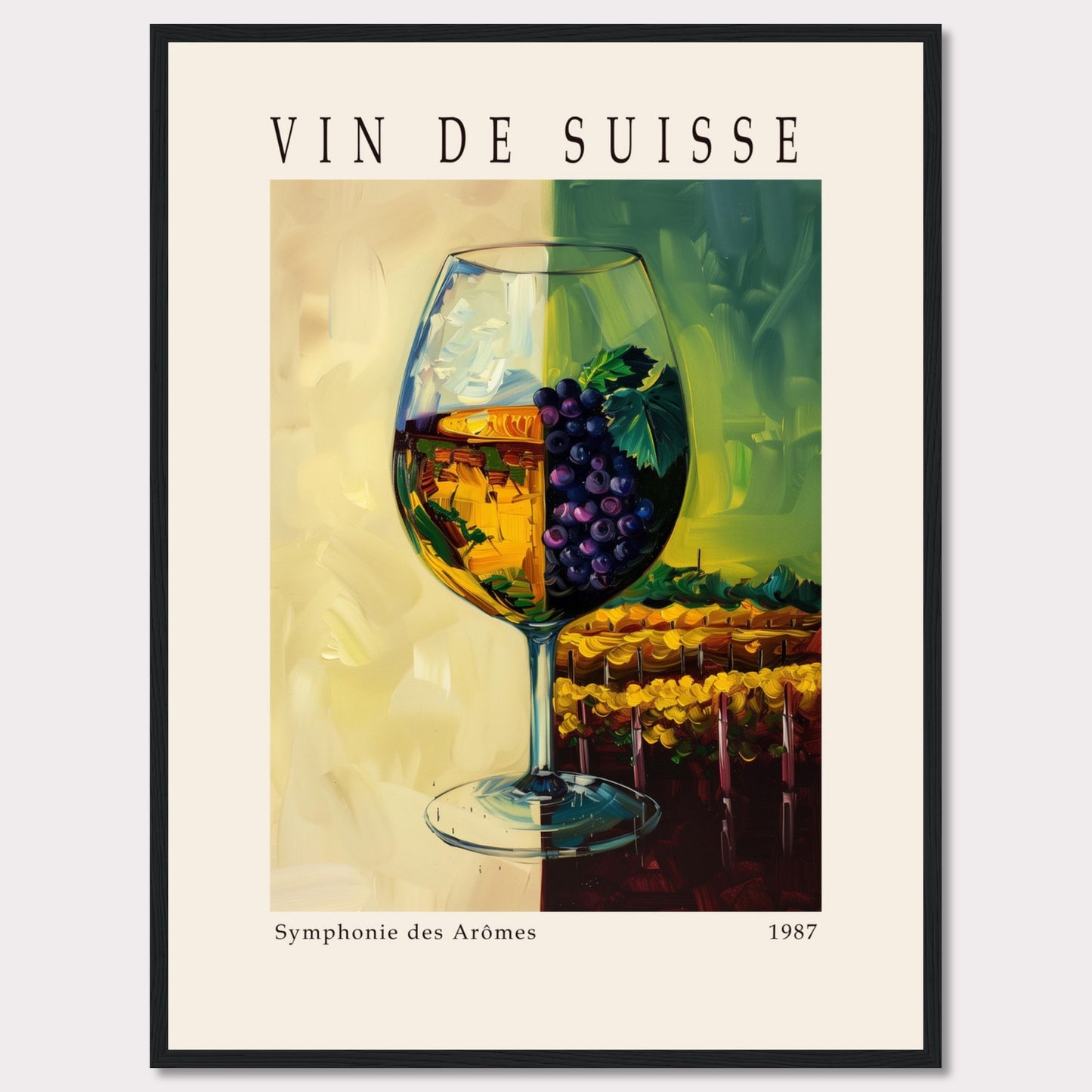 This vibrant poster showcases a wine glass filled with white wine, adorned with a cluster of purple grapes and green leaves. The background features a picturesque vineyard scene, split into two contrasting hues of yellow and green.