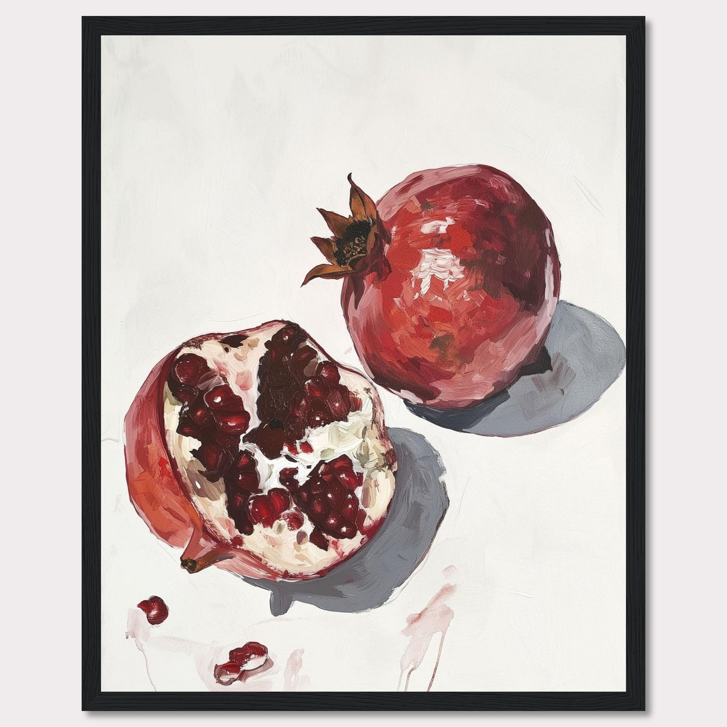 This captivating artwork features a detailed painting of two pomegranates, one whole and one halved, showcasing the vibrant red seeds. The minimalist background highlights the rich colors and textures of the fruit, making it a striking piece for any space.