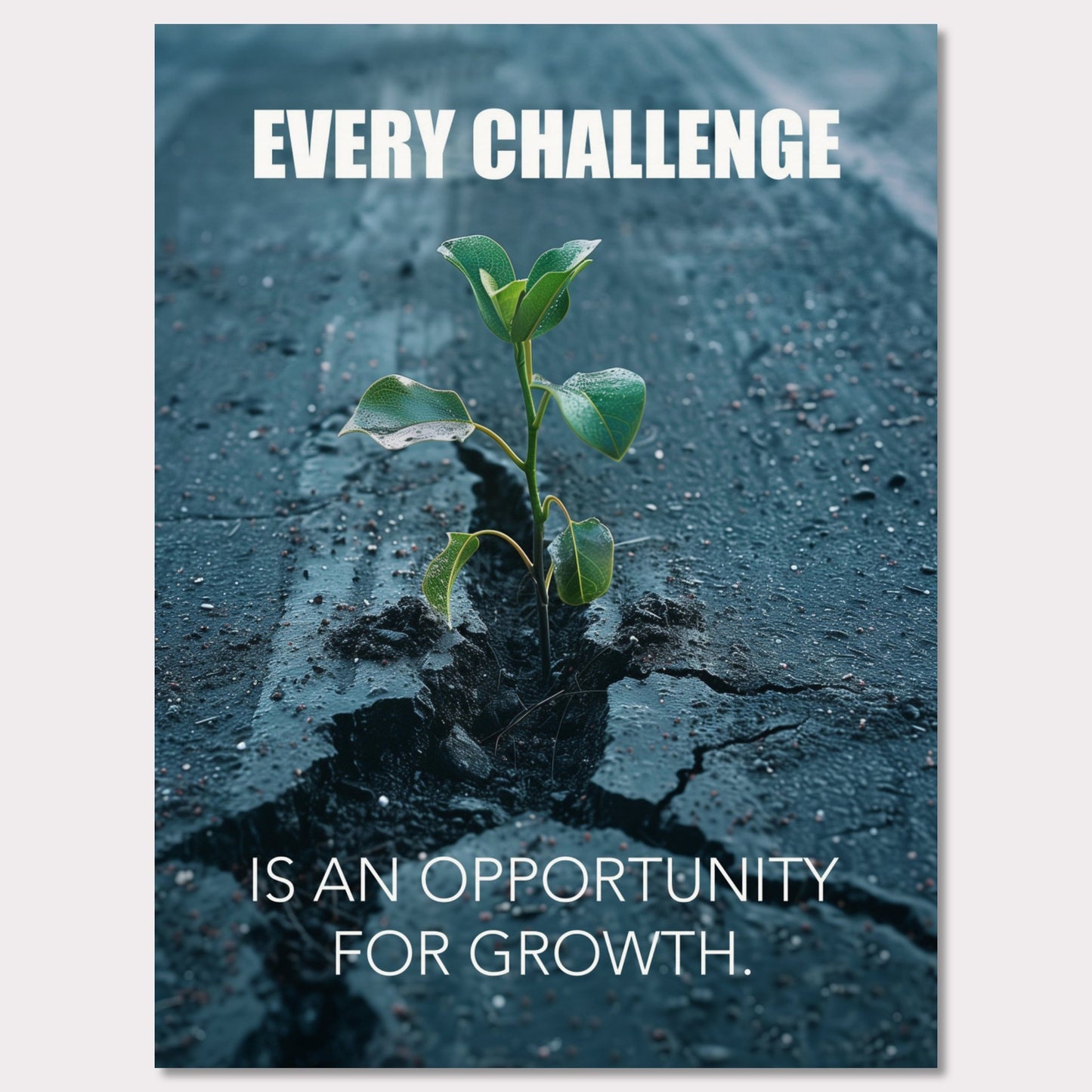 A motivational poster featuring a small green plant sprouting through a crack in the asphalt. The text on the poster reads "EVERY CHALLENGE IS AN OPPORTUNITY FOR GROWTH." The image symbolizes resilience and perseverance.