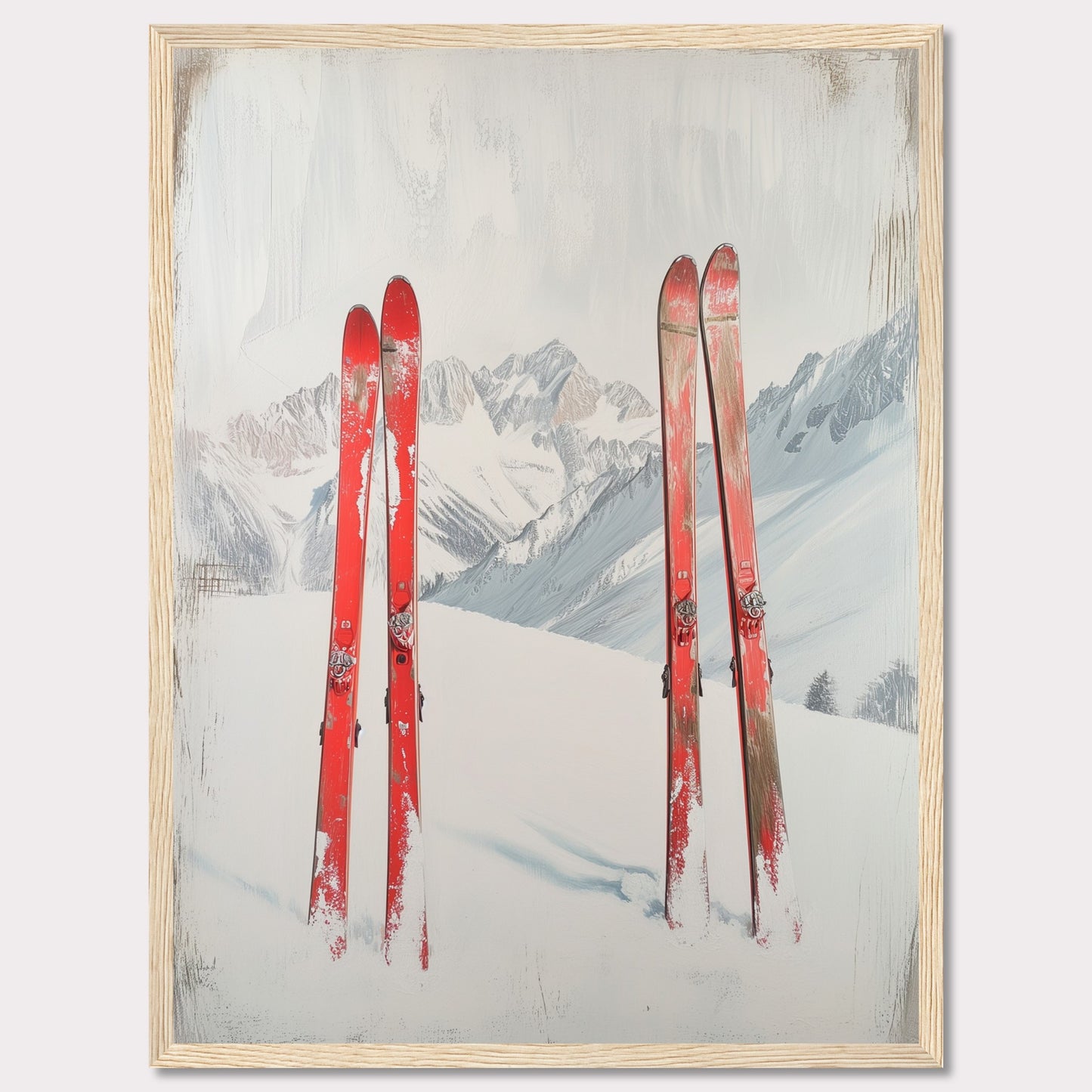 This captivating image showcases a serene winter scene with four red skis planted in the snow against a backdrop of majestic, snow-covered mountains. The skis stand out vibrantly against the white snow and the muted tones of the distant peaks. The overall composition evokes a sense of adventure and the thrill of skiing in the great outdoors.