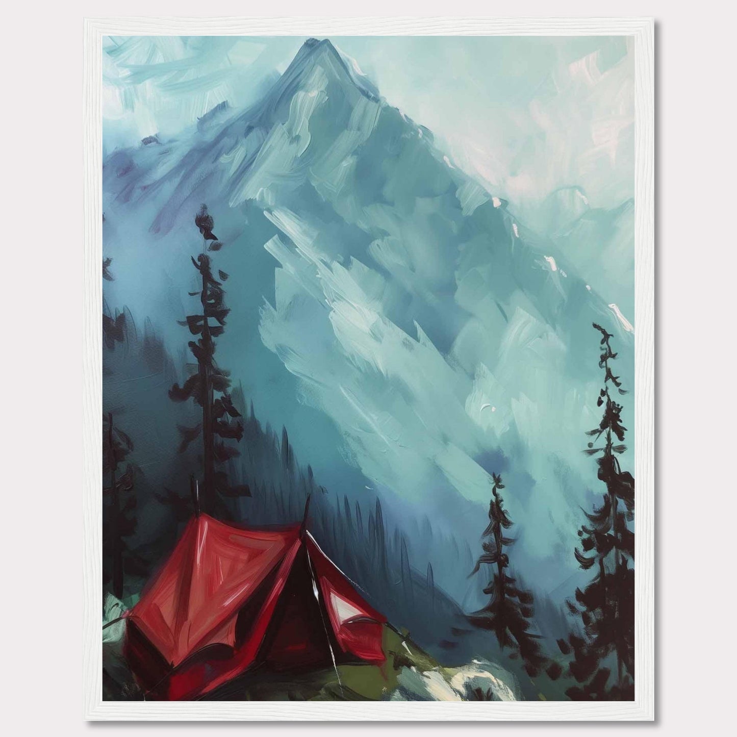 This captivating painting depicts a serene mountain landscape with a vibrant red tent pitched among tall pine trees. The majestic mountain in the background is shrouded in mist, adding a sense of mystery and tranquility to the scene. The contrast between the bold red tent and the cool blue tones of the mountain creates a striking visual effect.