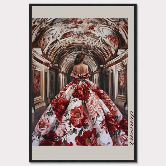 This stunning artwork features a woman in an opulent floral gown walking through an intricately decorated corridor. The scene exudes elegance and grandeur, capturing a moment of timeless beauty.