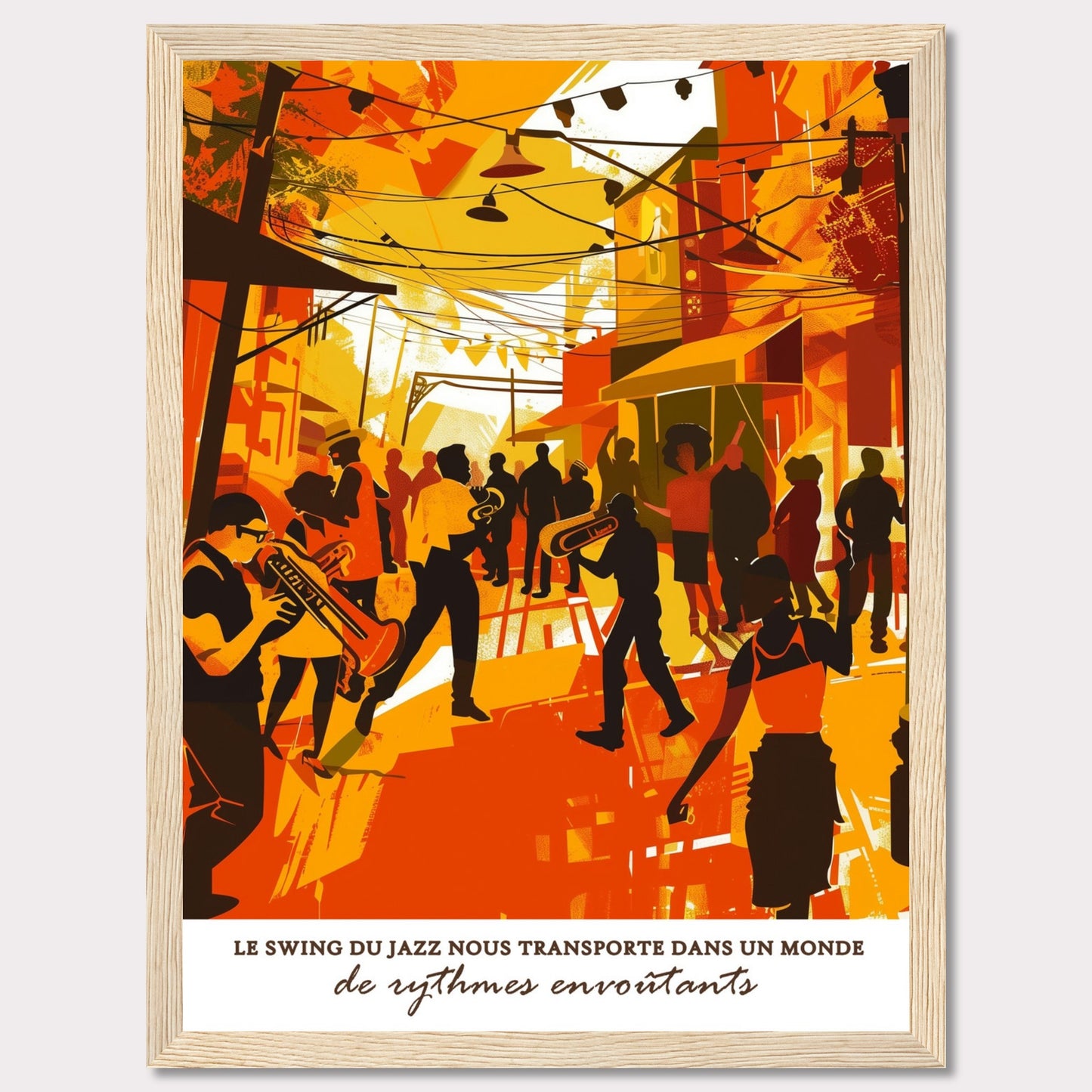 This vibrant illustration captures the lively atmosphere of a jazz street performance. Musicians with trumpets and trombones play energetically, surrounded by an enthusiastic crowd. The scene is bathed in warm hues of orange and yellow, evoking a sense of warmth and excitement.