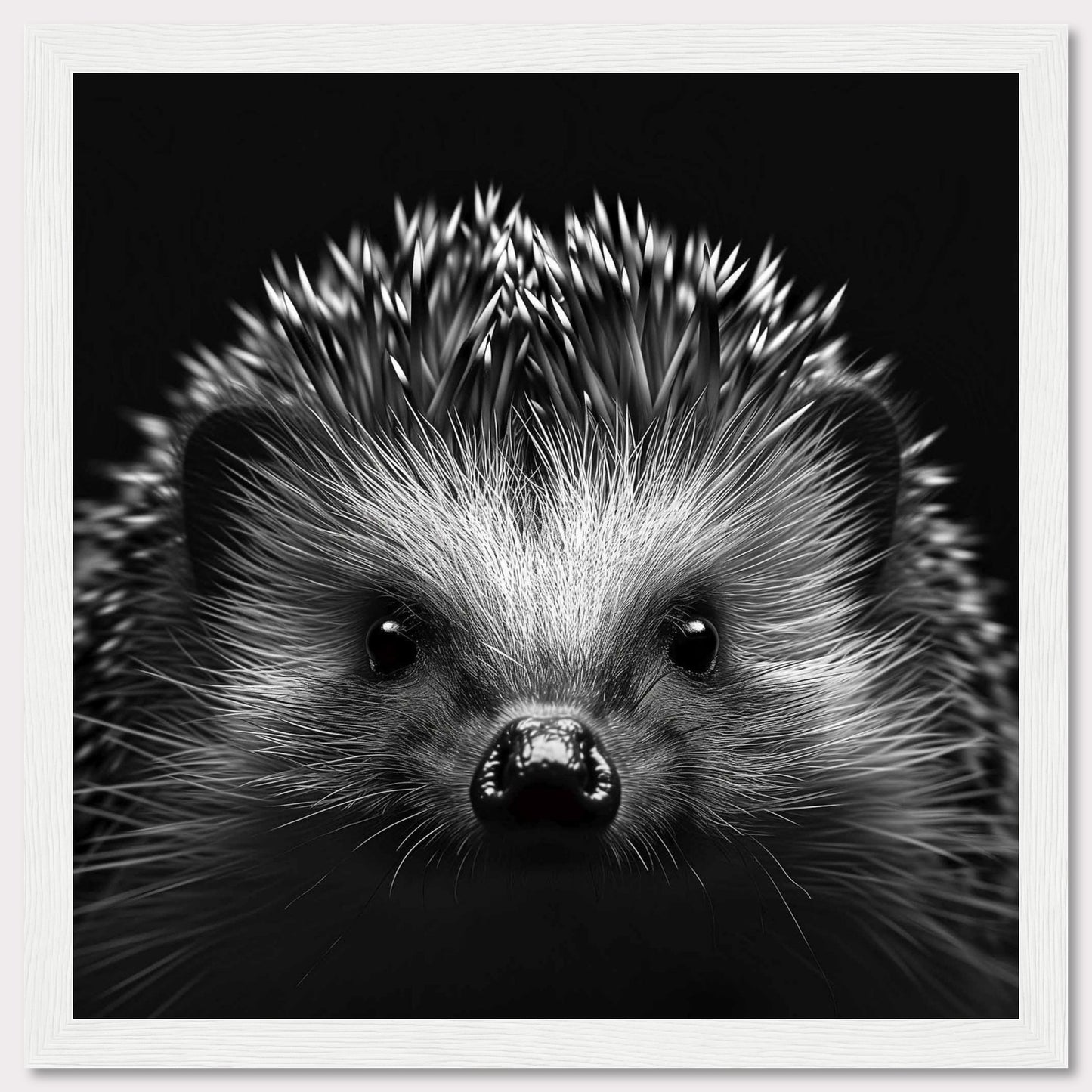 This captivating black and white photograph showcases the adorable face of a hedgehog, with its quills prominently displayed. The close-up shot emphasizes the intricate details of its fur and the curious expression in its eyes.