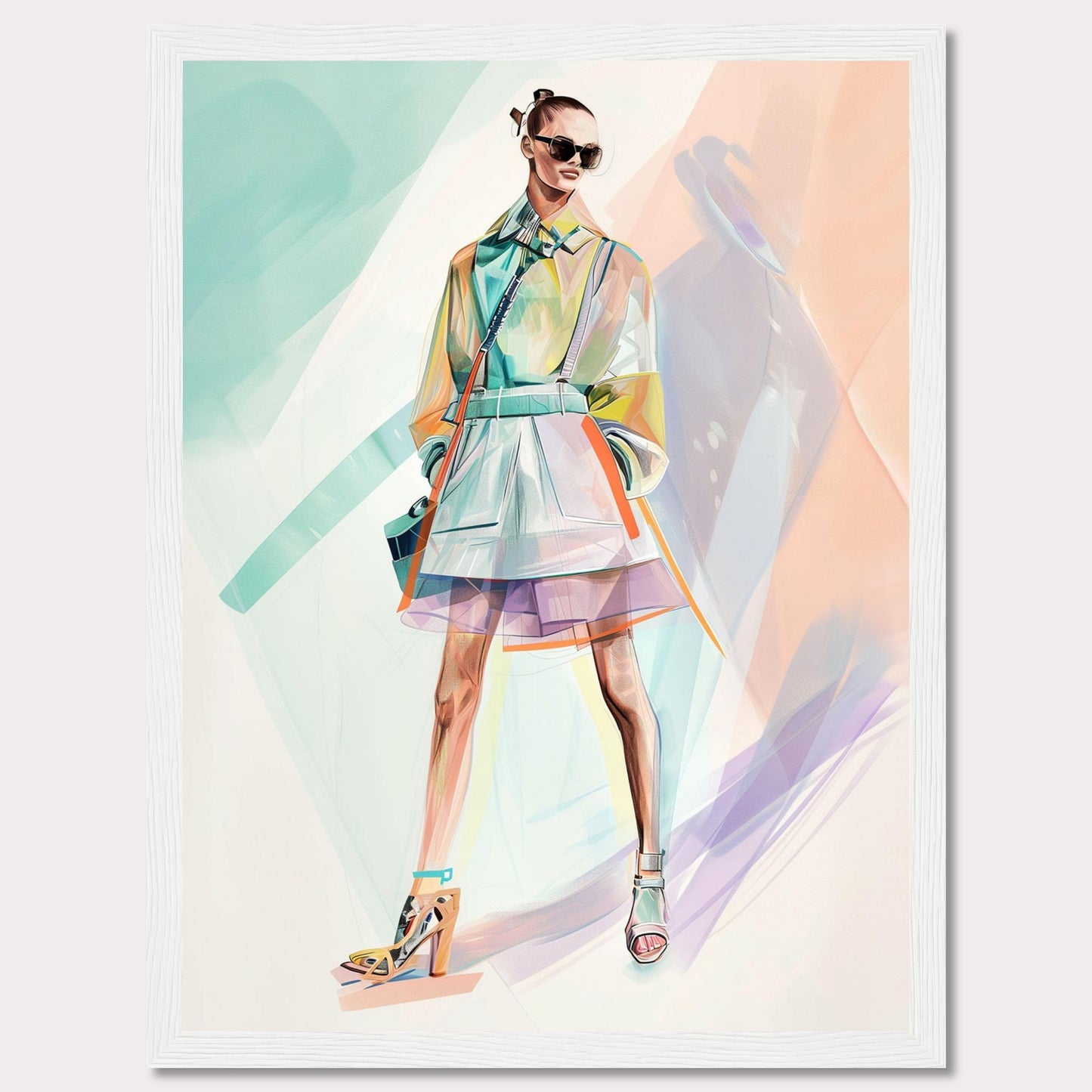 This stunning artwork features a stylish figure in a vibrant, modern outfit. The person is wearing a colorful, translucent coat over a layered skirt, with high-fashion heels and chic sunglasses. The background is an abstract blend of pastel colors, enhancing the fashionable vibe.