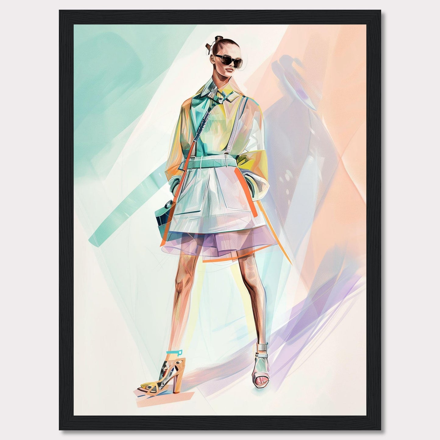 This stunning artwork features a stylish figure in a vibrant, modern outfit. The person is wearing a colorful, translucent coat over a layered skirt, with high-fashion heels and chic sunglasses. The background is an abstract blend of pastel colors, enhancing the fashionable vibe.