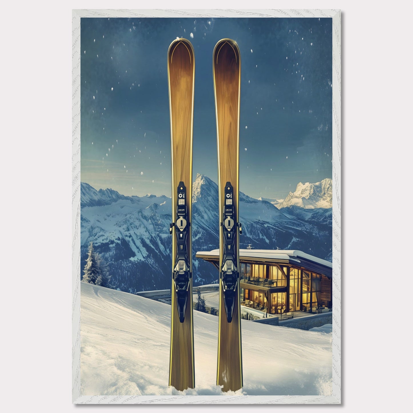 This elegant poster showcases the perfect blend of tradition and modernity in a snowy alpine escape. Two sleek skis stand proudly in the foreground, while a contemporary, glowing chalet nestled in the mountains provides a warm contrast to the frosty winter scene.