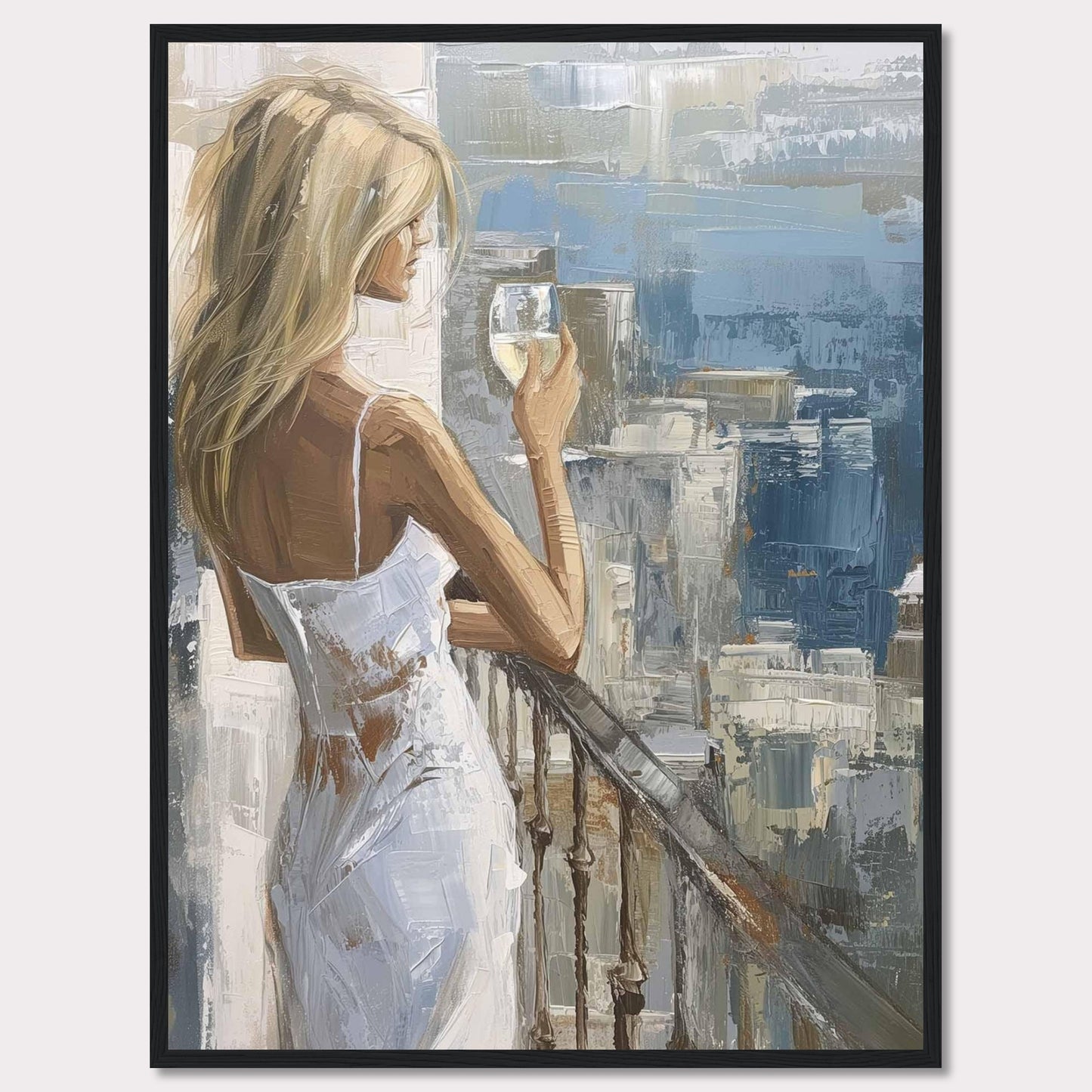 This painting depicts a serene moment where a woman, dressed in a white dress, stands on a balcony holding a glass of wine. The background features an impressionistic cityscape with various shades of blue and gray.