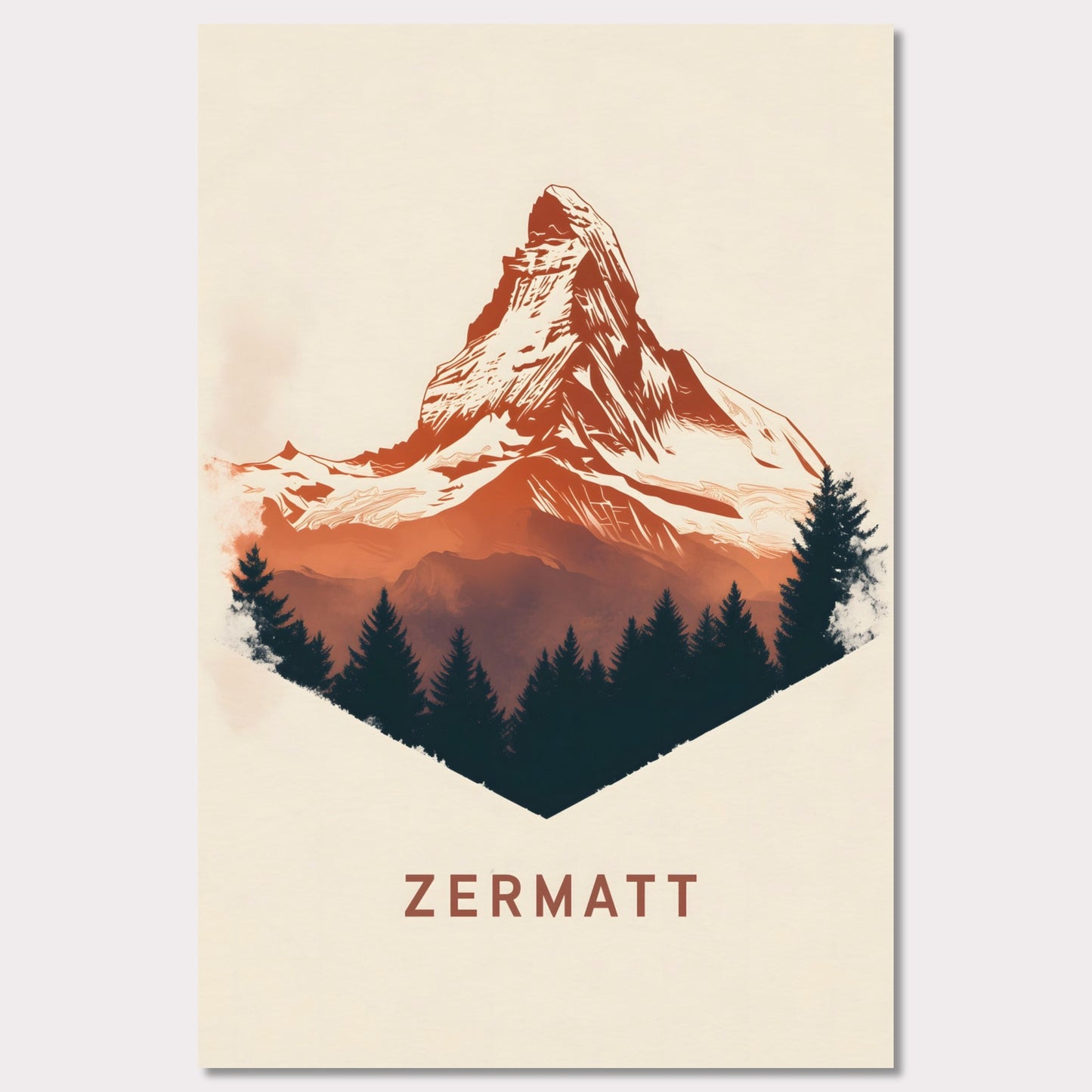 A scenic poster showcasing the breathtaking beauty of Zermatt’s Matterhorn. The rich, painterly textures and natural color palette evoke the serene yet powerful presence of the Alps.