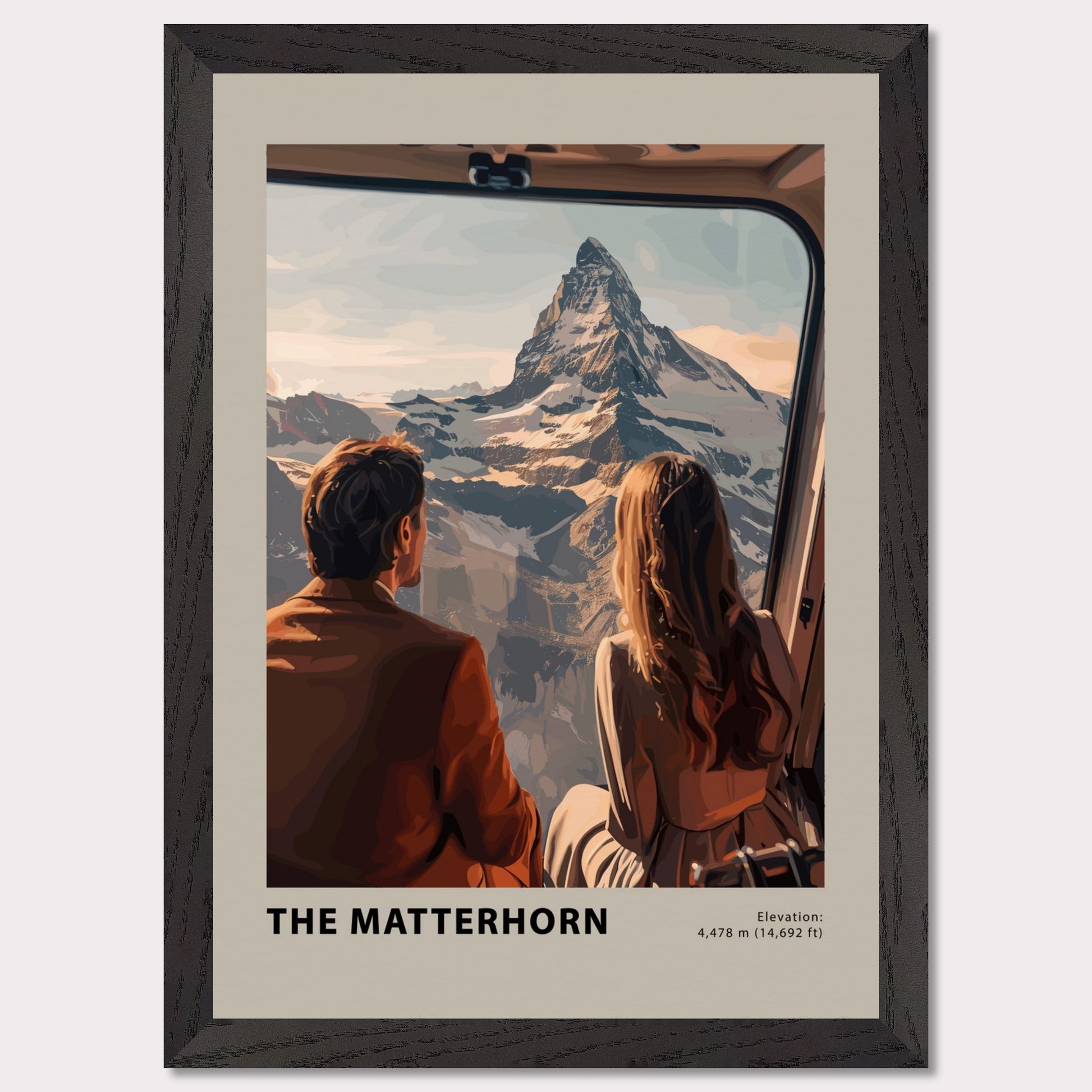 This image showcases a stunning view of the Matterhorn, with two individuals gazing at the majestic mountain from a window. The scene captures the awe-inspiring beauty of the snow-capped peak under a serene sky.