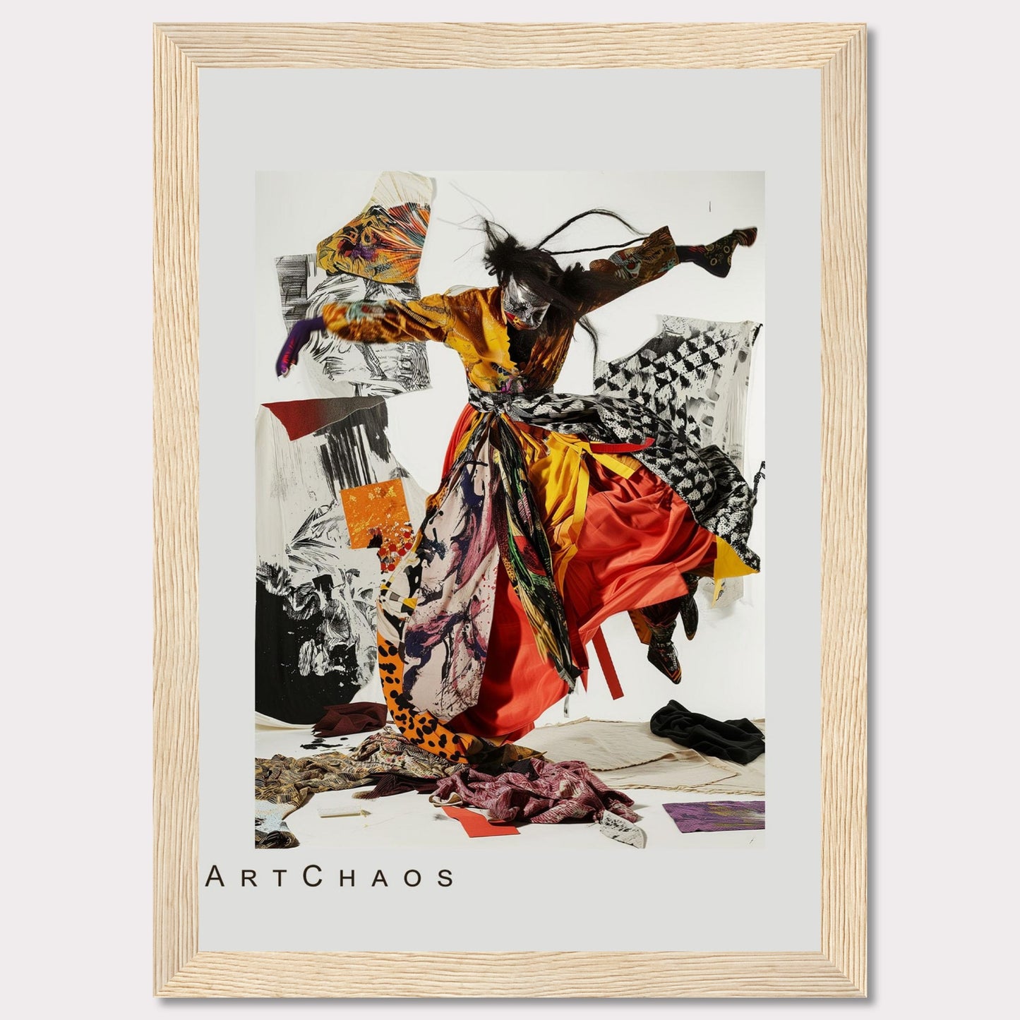 This captivating artwork features a dynamic figure in vibrant, flowing attire, seemingly caught in mid-motion. The background is a collage of abstract patterns and textures, adding depth and intrigue to the piece. The mix of bold colors and chaotic elements creates a sense of energy and movement.