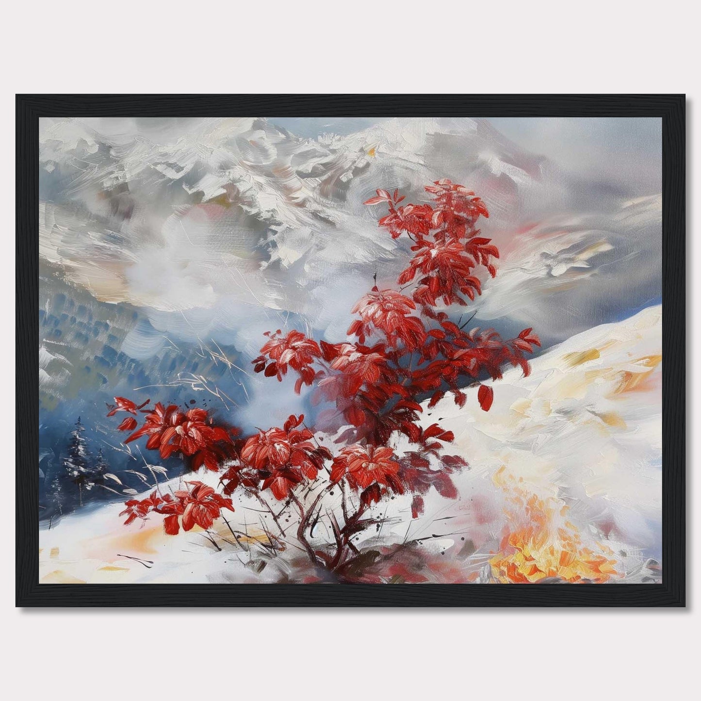 This captivating painting features a vibrant red bush standing out against a serene, snowy landscape. The background showcases majestic mountains partially obscured by mist, adding depth and mystery to the scene. The contrast between the fiery red leaves and the cool, muted tones of the snow and sky creates a striking visual effect.