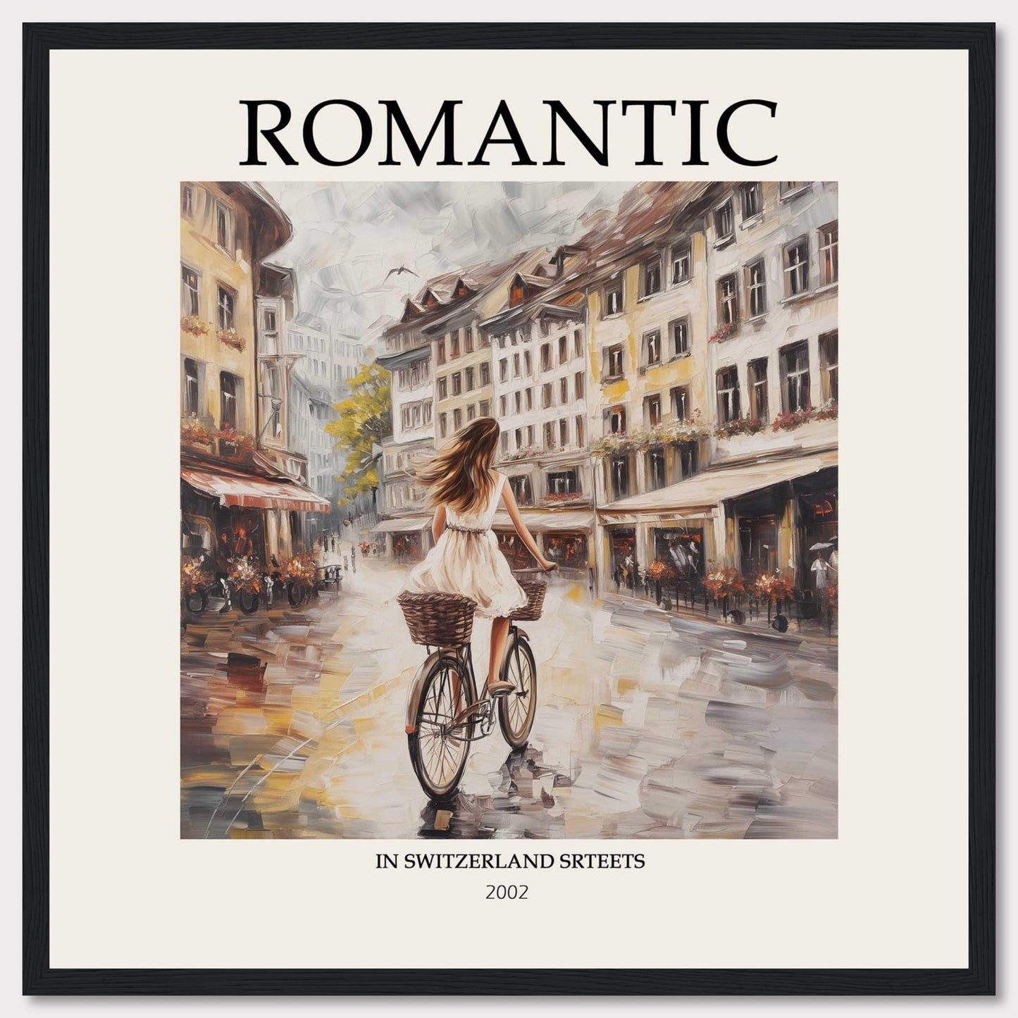 This image features a romantic scene of a woman riding a bicycle through charming streets in Switzerland. The artwork is framed with the word "ROMANTIC" at the top and "IN SWITZERLAND STREETS 2002" at the bottom.