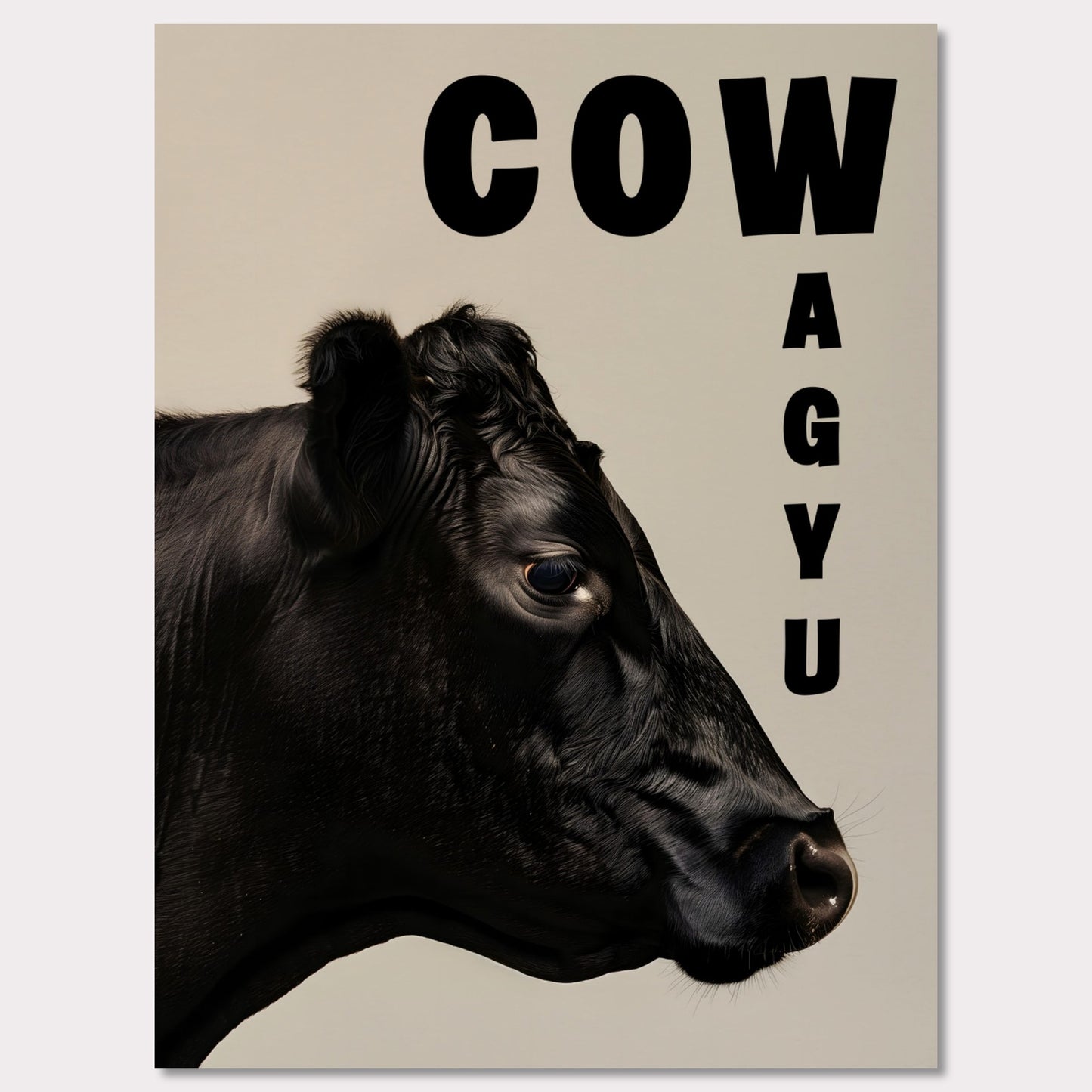 This image features a close-up profile of a black cow against a neutral background. The word "COW" is prominently displayed in bold black letters at the top, while the word "WAGYU" is arranged vertically on the right side.