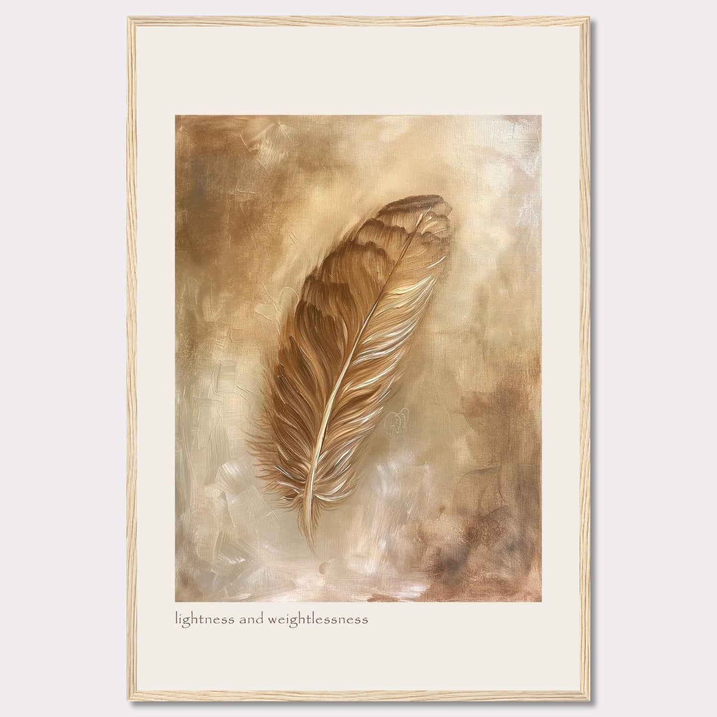 This image showcases a beautifully framed artwork featuring a single feather. The feather is depicted in warm, earthy tones, creating a sense of tranquility and elegance. The background consists of soft, abstract brushstrokes that enhance the delicate nature of the feather. At the bottom of the artwork, the phrase "lightness and weightlessness" is inscribed, adding to the ethereal feel of the piece.