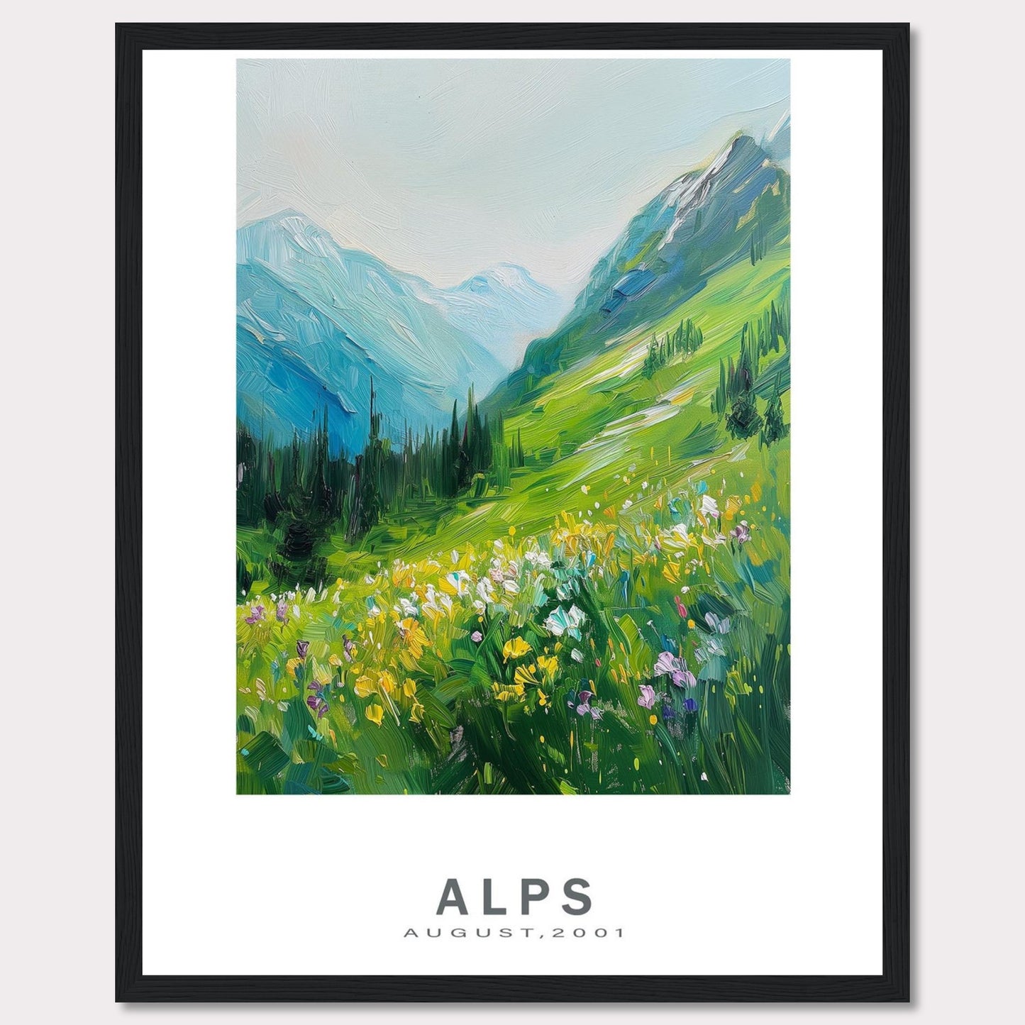 This beautiful framed artwork captures a vibrant and serene landscape of the Alps in August 2001. The painting showcases lush green mountains, colorful wildflowers, and a tranquil sky.