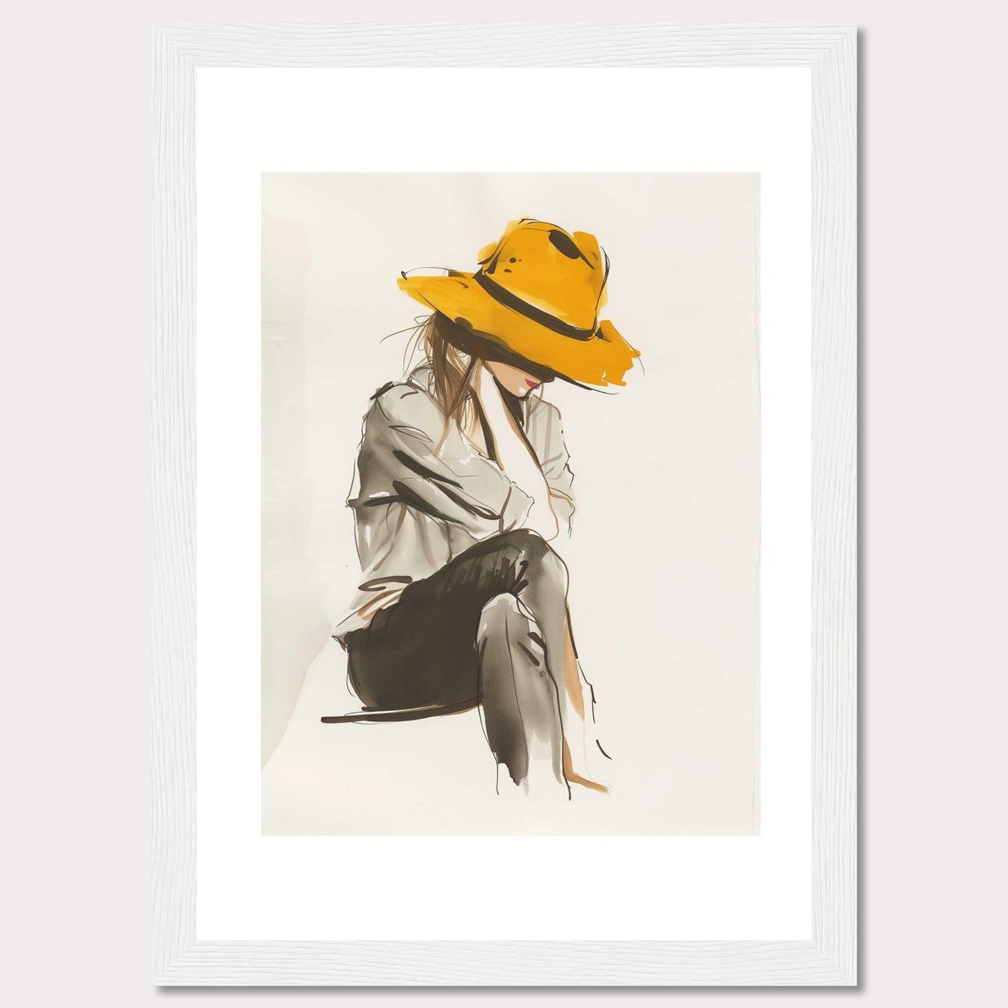 This artwork features a stylish illustration of a person wearing a large, vibrant yellow hat. The figure is seated, with their head slightly bowed, creating a sense of introspection and calm. The use of muted tones for the clothing contrasts beautifully with the boldness of the hat, making it the focal point of the piece. The minimalist background allows the viewer to fully appreciate the elegance and simplicity of the design.