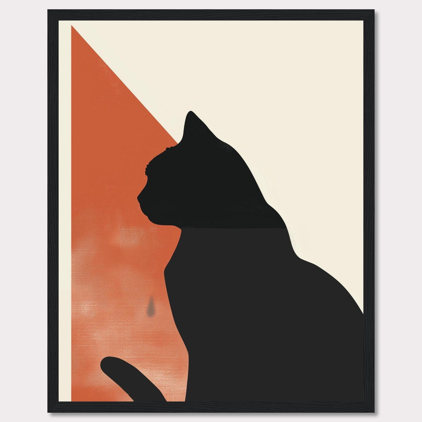 This minimalist art piece features the silhouette of a cat against a backdrop of contrasting colors. The design integrates a bold black cat figure with an orange and cream geometric background, creating a striking visual effect. The simplicity and elegance of this artwork make it a perfect addition to any modern living space.