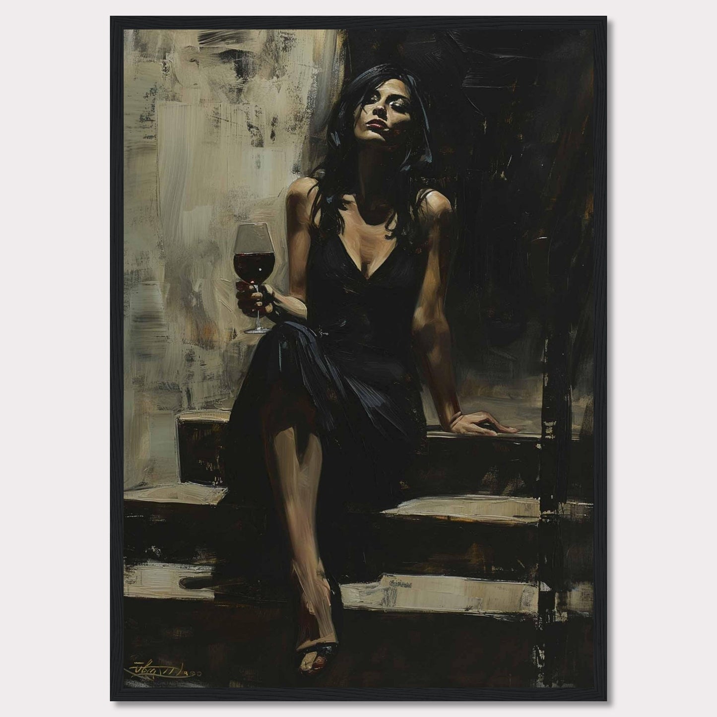 This captivating painting depicts a woman in an elegant black dress, seated on a set of steps. She holds a glass of red wine, exuding confidence and sophistication. The dark, moody background contrasts with her poised demeanor, creating a sense of intrigue and allure.