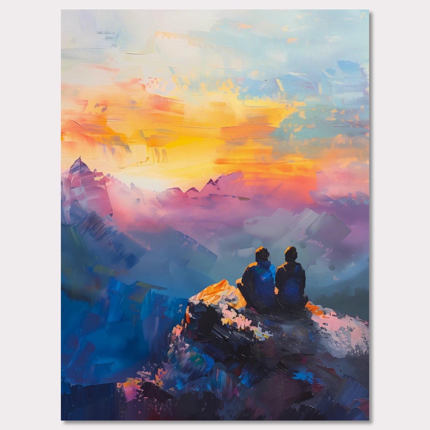 This is an illustration of two people sitting on a rocky cliff, overlooking a vibrant and colorful sunset or sunrise. The sky is painted with warm hues of orange, yellow, and pink, blending into cooler tones of blue and purple.