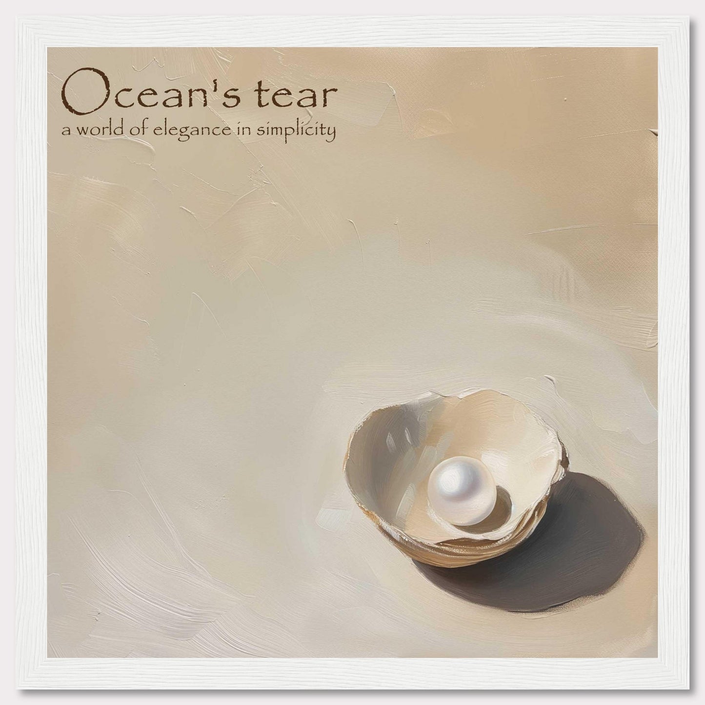 This image showcases a minimalistic and elegant composition featuring a single pearl nestled in an open shell. The background is a soft, muted beige, enhancing the simplicity and sophistication of the scene.