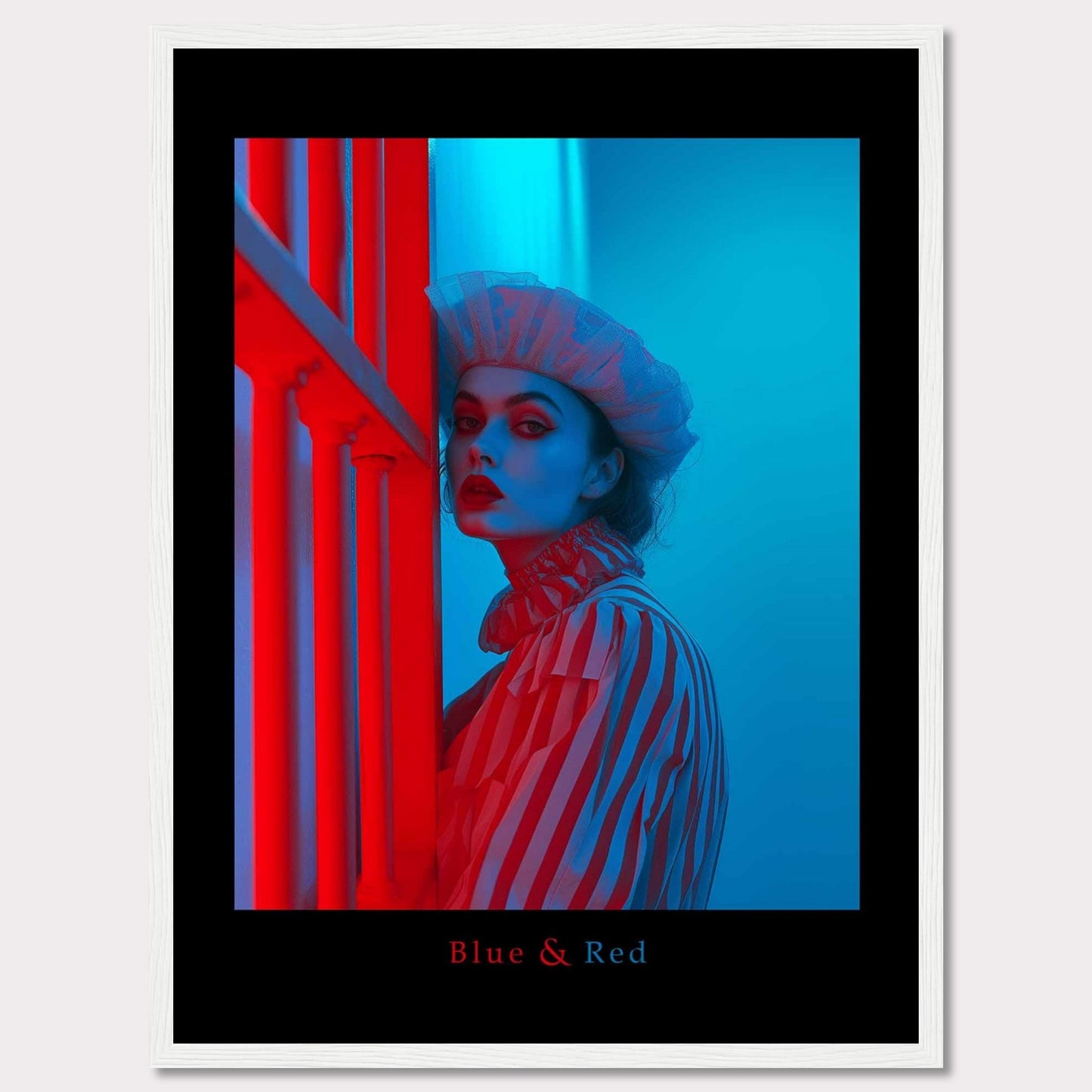 This striking poster features a dramatic portrait of a woman illuminated in contrasting blue and red lighting. The subject is dressed in a striped outfit and a sheer headpiece, creating a bold and artistic visual effect.