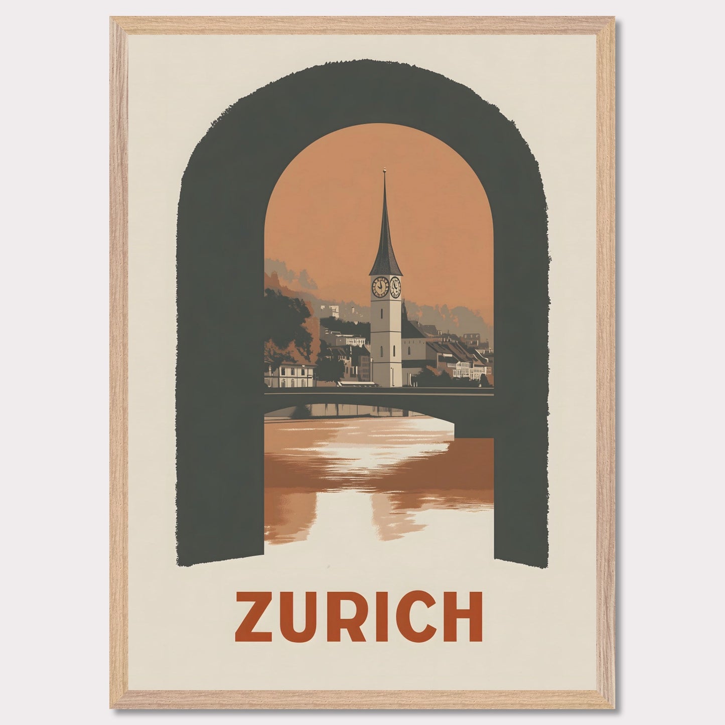 A sophisticated poster featuring Zurich’s historic clock tower, framed through an arched window. The blend of soft tones and bold composition creates a striking visual balance.