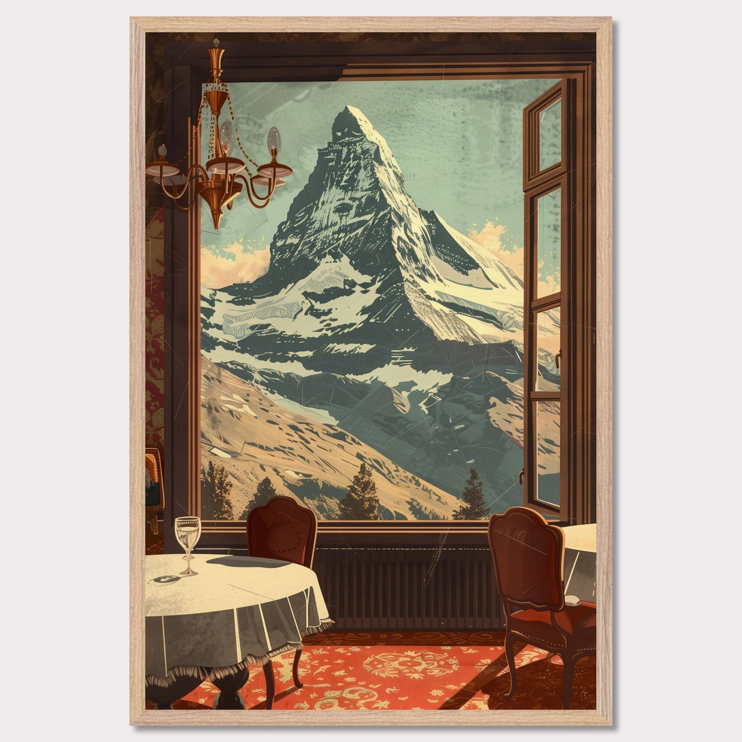 Witness the breathtaking view of a majestic snow-capped mountain through an elegantly framed window. This serene setting features a cozy dining area with classic furniture, a radiant chandelier, and a beautifully patterned carpet.