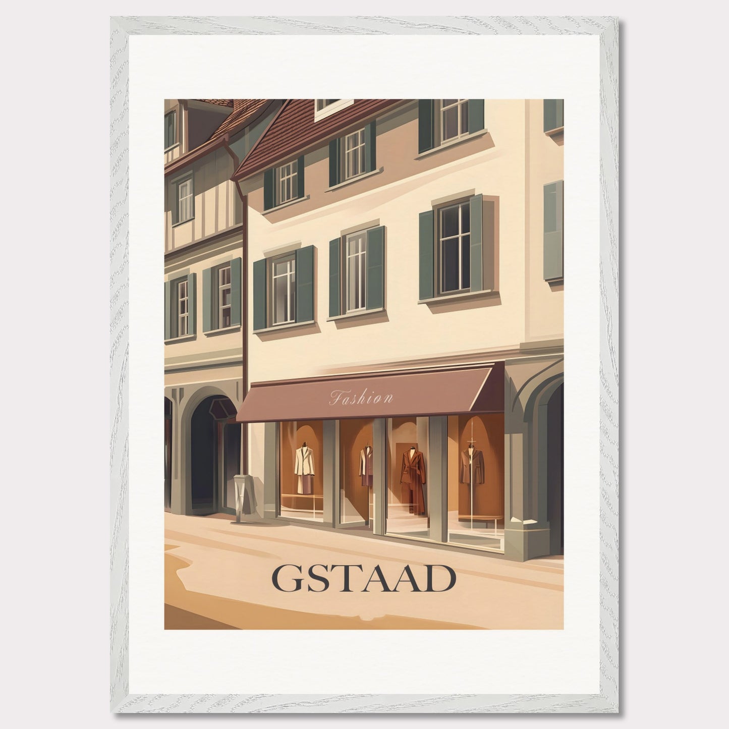 A stylish poster capturing the elegant shopping experience in Gstaad. The charming streets lined with high-end boutiques create an atmosphere of exclusivity and sophistication.