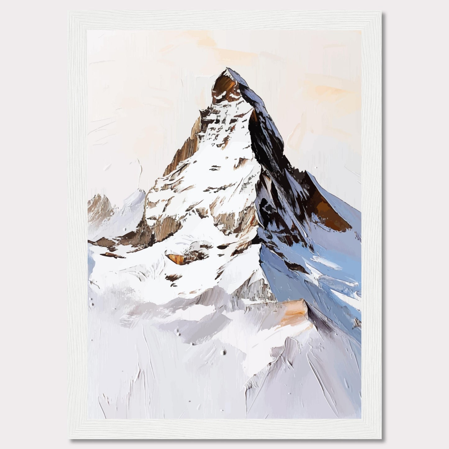 This image showcases a striking painting of a snow-covered mountain peak, likely inspired by the majestic Matterhorn. The artwork features bold brush strokes and a mix of white, brown, and blue hues, capturing the rugged beauty of the alpine landscape.