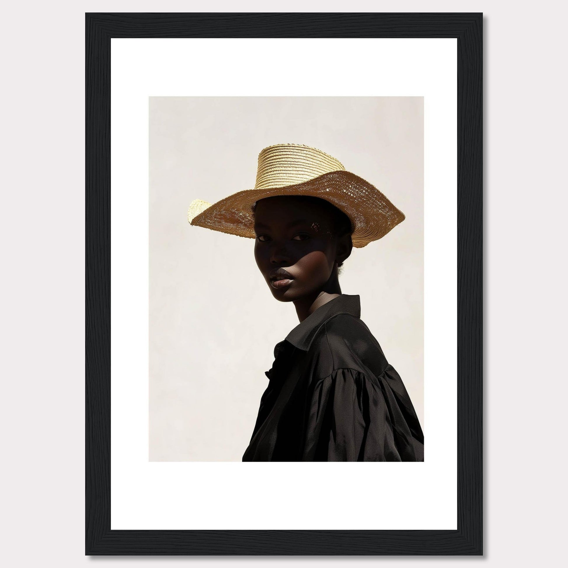 This striking portrait features a person wearing a wide-brimmed straw hat and a black outfit, set against a minimalist light background. The play of light and shadow adds depth and intrigue to the image.