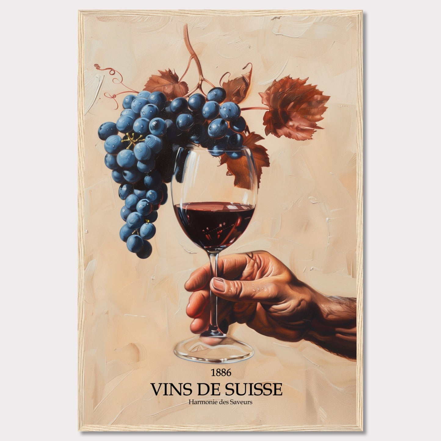 This captivating image showcases a hand holding a glass of red wine, with a luscious bunch of grapes hanging above it. The background is painted in warm, earthy tones, enhancing the rich colors of the grapes and wine.